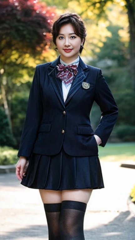  Japanese Milf,50 years old, white skin,(curvy body, plump thighs:1.5),(collared shirt,striped bowtie, blazer, jacket, long sleeves, pleated skirt,buttons,badge, thighhighs, high heels:1.2),( standing in the park, take a picture of the whole body from toe to head,full body,standing:1.2),looking at viewer,smile, surrealism, depth of field, from below, Sony FE, 8k, Yuka