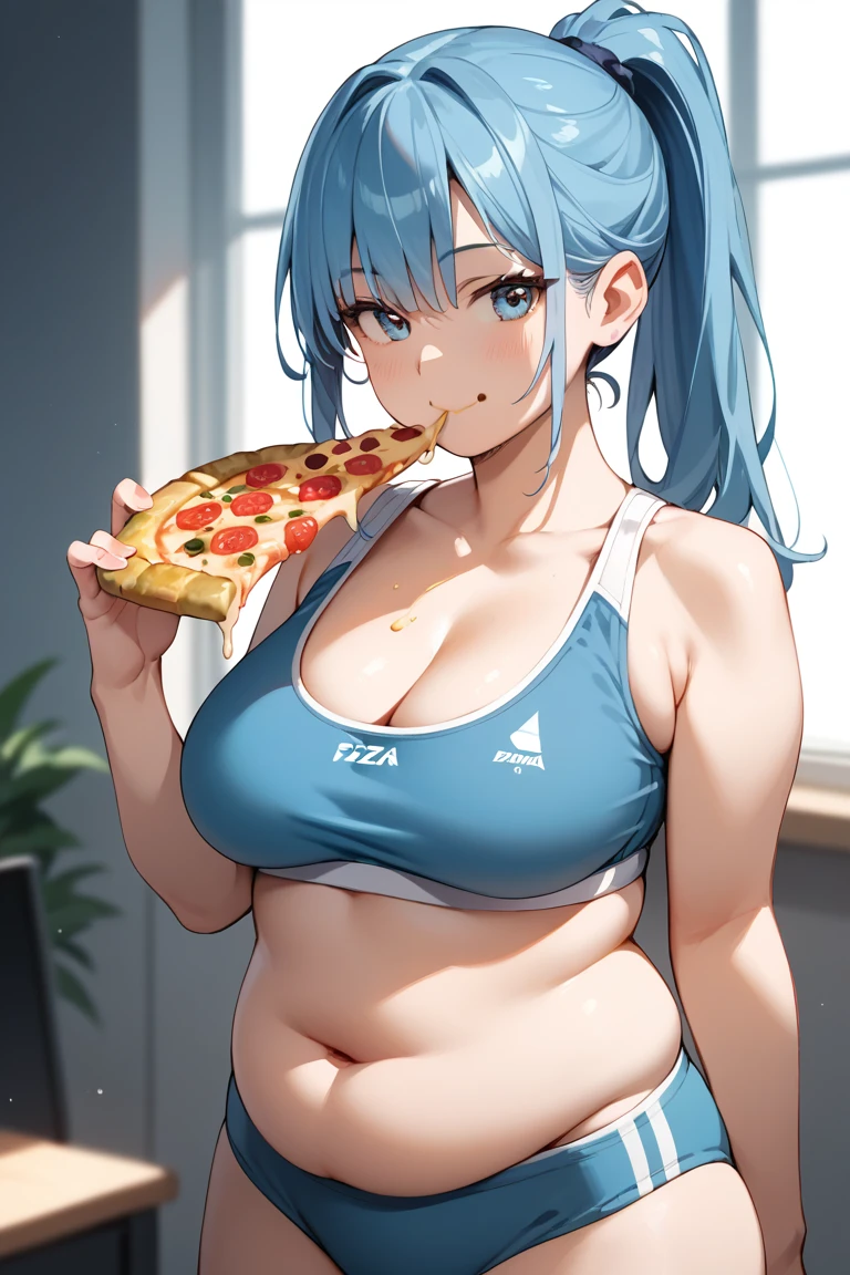 masterpiece,best quality, highly detailed, (score_9, score_8_up, score_7_up, score_6_up, score_5_up, score_4_up), chubby, belly, eating pizza slice, smiling,
big breasts,source_cartoon, 1girl, solo,  
ckundies, 1girl, solo, underwear, panties, sports bra
ponytail,
defByl, blue hair, blue eyes,