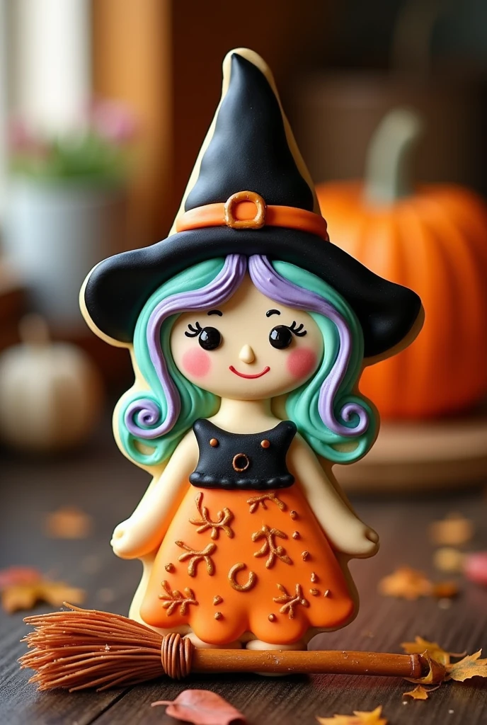 Imagine a delightful cookie shaped like a whimsical witch, her pointed hat adorned with a tiny candy buckle that gleams under the kitchen's cozy, warm light. Her eyes, two small chocolate chips, twinkle with a mischievous glint, while her hair, delicately piped in spirals of lavender and mint green icing, cascades beneath her hat. Her dress, a playful blend of orange and black, swirls with intricate patterns resembling tiny autumn leaves caught in a gentle breeze. A miniature broomstick, crafted from a thin pretzel rod and strands of edible fibers, rests beside her, ready to whisk away on enchanting adventures. The sweet aroma of vanilla blends harmoniously with a hint of cinnamon, evoking the very soul of a whimsical Halloween evening. This cookie, though stationary, seems poised to share tales of moonlit nights and magical spells.