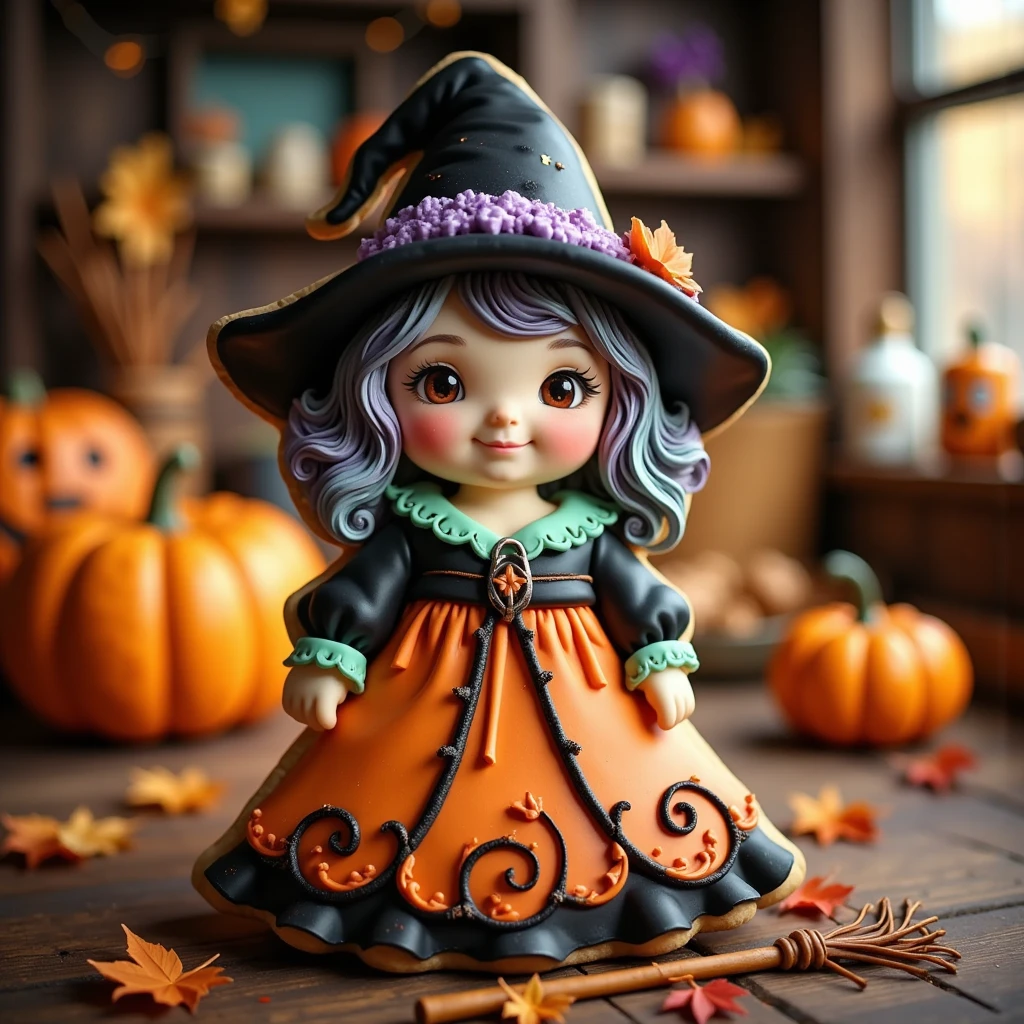 Imagine a delightful cookie shaped like a whimsical witch, her pointed hat adorned with a tiny candy buckle that gleams under the kitchen's cozy, warm light. Her eyes, two small chocolate chips, twinkle with a mischievous glint, while her hair, delicately piped in spirals of lavender and mint green icing, cascades beneath her hat. Her dress, a playful blend of orange and black, swirls with intricate patterns resembling tiny autumn leaves caught in a gentle breeze. A miniature broomstick, crafted from a thin pretzel rod and strands of edible fibers, rests beside her, ready to whisk away on enchanting adventures. The sweet aroma of vanilla blends harmoniously with a hint of cinnamon, evoking the very soul of a whimsical Halloween evening. This cookie, though stationary, seems poised to share tales of moonlit nights and magical spells.