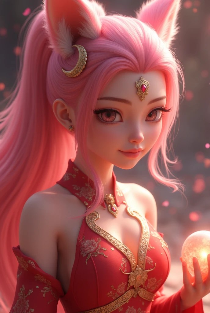 [Imagine:1.0]，[Wide Angle:1.0]， Clearly shows her three-dimensional ancient style ，Vivid Chinese aesthetics， League of Legends Tanuki，whole body照，Perfect hands  ，  Long pink hair，  Nine fox tails on the coccyx ， Pink Fox Ears，Red warrior costume， Energy ball in hand，wallpaper，   Game battlefield background ， Sexy oriental face ，Game Screen，  beautiful facial features ，(whole body:1.4)，  bright colors ，Glittering clothes，Using flash stone pattern，  Shoes made of translucent crystals ，  Colorful gradient fluorescent ribbon， Beautiful，Light Wave，Tradition， Beautiful，perfect composition，  Ultra HD，Crescent moon earrings，Eyebrow lift ，Baoyu Fengzhi，Forehead ornament，( Look directly at the audience :15)，((((  to face the audience))))， Heavenly Goddess ，Astral，Dream，Beautiful Tianling， Beautiful fantasy painting ， Beautiful Fantasy Art ，Dream幻， 非常 Beautiful Fantasy Art ，Digital Art Fantasy， Charming and otherworldly，Fantasy beauty，Volumetric Light，Natural soft light，(Ultrafine:1.2， bright colors，  cinematic lighting ，  Light and Dark Contrast，  ray tracing，  Surrealism  ， Ultra HD， masterpiece ，Precise， Anatomically correct ， textured skin ， Ultrafine节，8K)