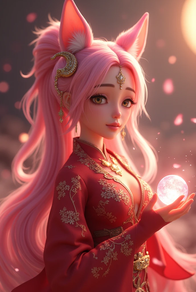 [Imagine:1.0]，[Wide Angle:1.0]， Clearly shows her three-dimensional ancient style ，Vivid Chinese aesthetics， League of Legends Tanuki，whole body照，Perfect hands  ，  Long pink hair，  Nine fox tails on the coccyx ， Pink Fox Ears，Red warrior costume， Energy ball in hand，wallpaper，   Game battlefield background ， Sexy oriental face ，Game Screen，  beautiful facial features ，(whole body:1.4)，  bright colors ，Glittering clothes，Using flash stone pattern，  Shoes made of translucent crystals ，  Colorful gradient fluorescent ribbon， Beautiful，Light Wave，Tradition， Beautiful，perfect composition，  Ultra HD，Crescent moon earrings，Eyebrow lift ，Baoyu Fengzhi，Forehead ornament，( Look directly at the audience :15)，((((  to face the audience))))， Heavenly Goddess ，Astral，Dream，Beautiful Tianling， Beautiful fantasy painting ， Beautiful Fantasy Art ，Dream幻， 非常 Beautiful Fantasy Art ，Digital Art Fantasy， Charming and otherworldly，Fantasy beauty，Volumetric Light，Natural soft light，(Ultrafine:1.2， bright colors，  cinematic lighting ，  Light and Dark Contrast，  ray tracing，  Surrealism  ， Ultra HD， masterpiece ，Precise， Anatomically correct ， textured skin ， Ultrafine节，8K)