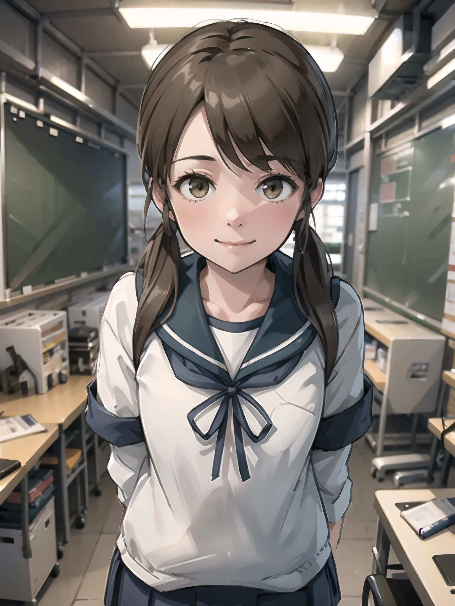 shirayukiKC, low twintails, short twintails, (masterpiece, Best Quality:1.2),shape,8k, high definition, one girl playing pranks,Alone,White Sailor Suit, Short sleeve, smile, School_uniform,Pleats_skirt, (  Closeup Shots ), Slender body, Best Quality,  very detailed, masterpiece, 超 high definition, 8k,  Classroom Background , School