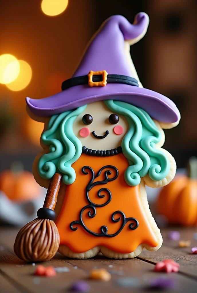 Imagine a delightful cookie shaped like a whimsical witch, her pointed hat adorned with a tiny candy buckle that gleams under the kitchen's cozy, warm light. Her eyes, two small chocolate chips, twinkle with a mischievous glint, while her hair, delicately piped in spirals of lavender and mint green icing, cascades beneath her hat. Her dress, a playful blend of orange and black, swirls with intricate patterns resembling tiny autumn leaves caught in a gentle breeze. A miniature broomstick, crafted from a thin pretzel rod and strands of edible fibers, rests beside her, ready to whisk away on enchanting adventures. The sweet aroma of vanilla blends harmoniously with a hint of cinnamon, evoking the very soul of a whimsical Halloween evening. This cookie, though stationary, seems poised to share tales of moonlit nights and magical spells.