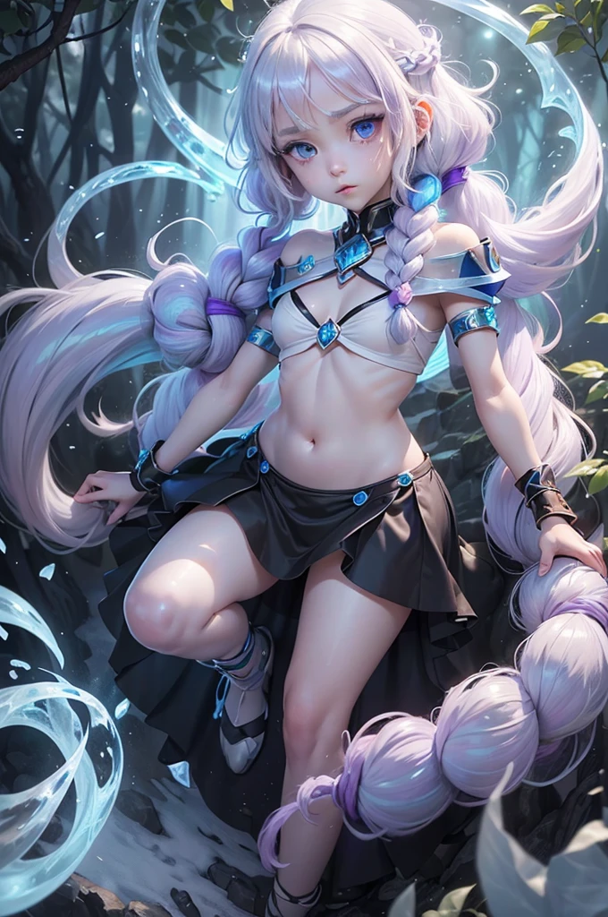 white skin, (light purple hair), ((7ars old girl)), light blue eyes, long hair, (sleek and straight hairstyle), ((ice spell)), jungle, (small breast), ((black tunic)), cleavage, (((very tiny body))), short sleeve, (very shy), (((ice))), big eyes, braided hair, 