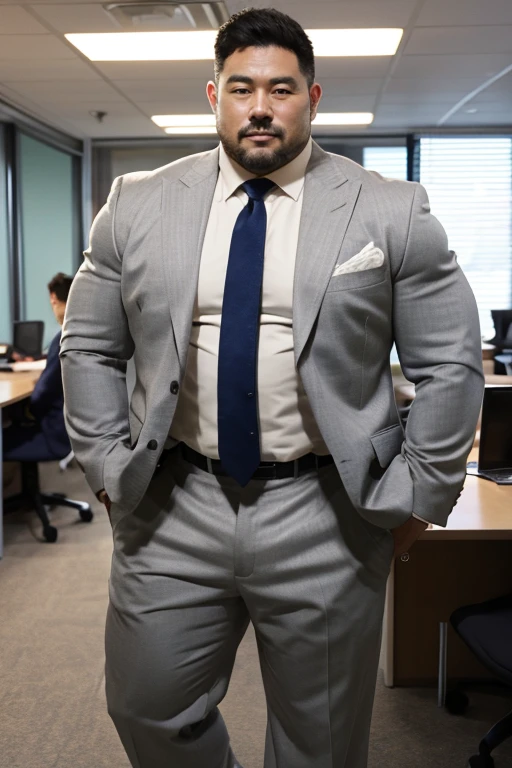 Japanese male, solo, Fat  muscler Japanese man in a white suit, whole body, in the office, Thick legs, Thick arms, Very short grey hair, Very short grey goatee, Grey jacket, Grey trousers, Long trousers, Tight suspension, brown tie, tight shirt, Huge nice bulge, Shirt tucked into pants, A very good rugby player, 60 years old, Grey  jacket and trousers, fatty muscler body, Good rugby player