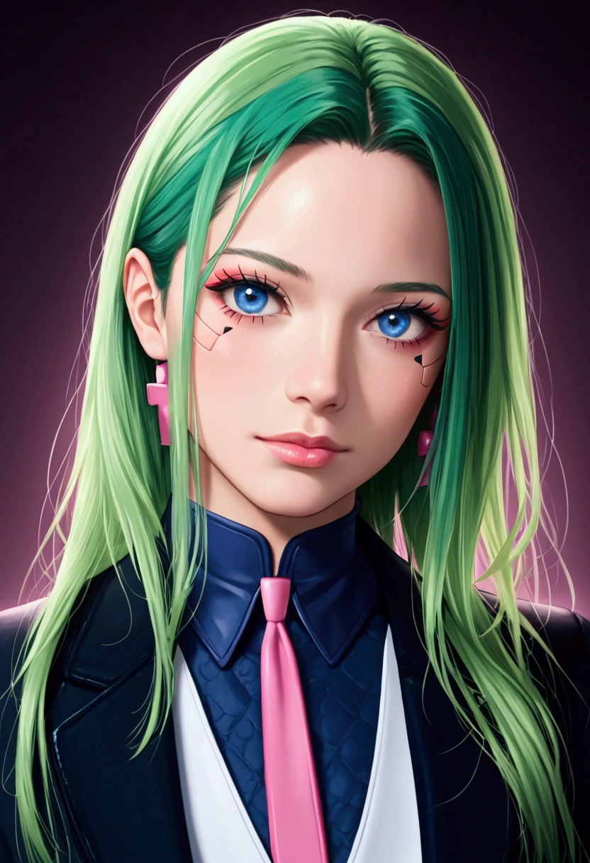 Woman, realistic character, green hair with pink locks, blue eyes, anime, Alone, modern, cyberpunk