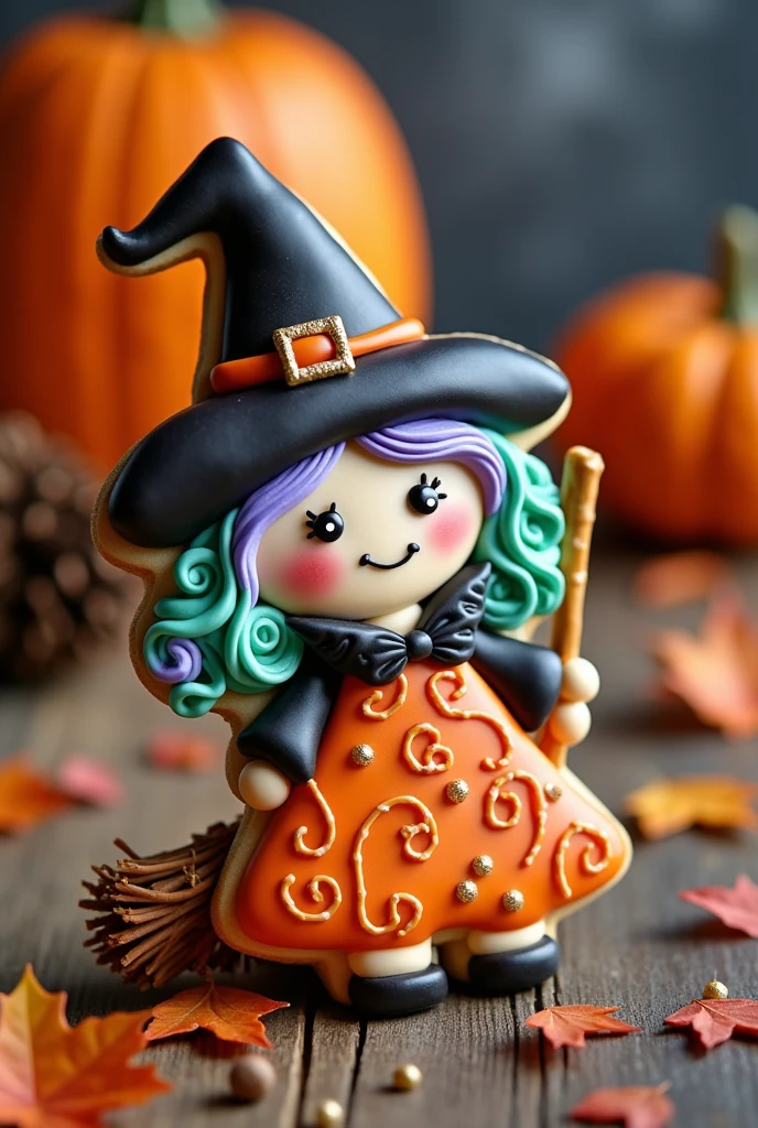 Imagine a delightful cookie shaped like a whimsical witch, her pointed hat adorned with a tiny candy buckle that gleams under the kitchen's cozy, warm light. Her eyes, two small chocolate chips, twinkle with a mischievous glint, while her hair, delicately piped in spirals of lavender and mint green icing, cascades beneath her hat. Her dress, a playful blend of orange and black, swirls with intricate patterns resembling tiny autumn leaves caught in a gentle breeze. A miniature broomstick, crafted from a thin pretzel rod and strands of edible fibers, rests beside her, ready to whisk away on enchanting adventures. The sweet aroma of vanilla blends harmoniously with a hint of cinnamon, evoking the very soul of a whimsical Halloween evening. This cookie, though stationary, seems poised to share tales of moonlit nights and magical spells.