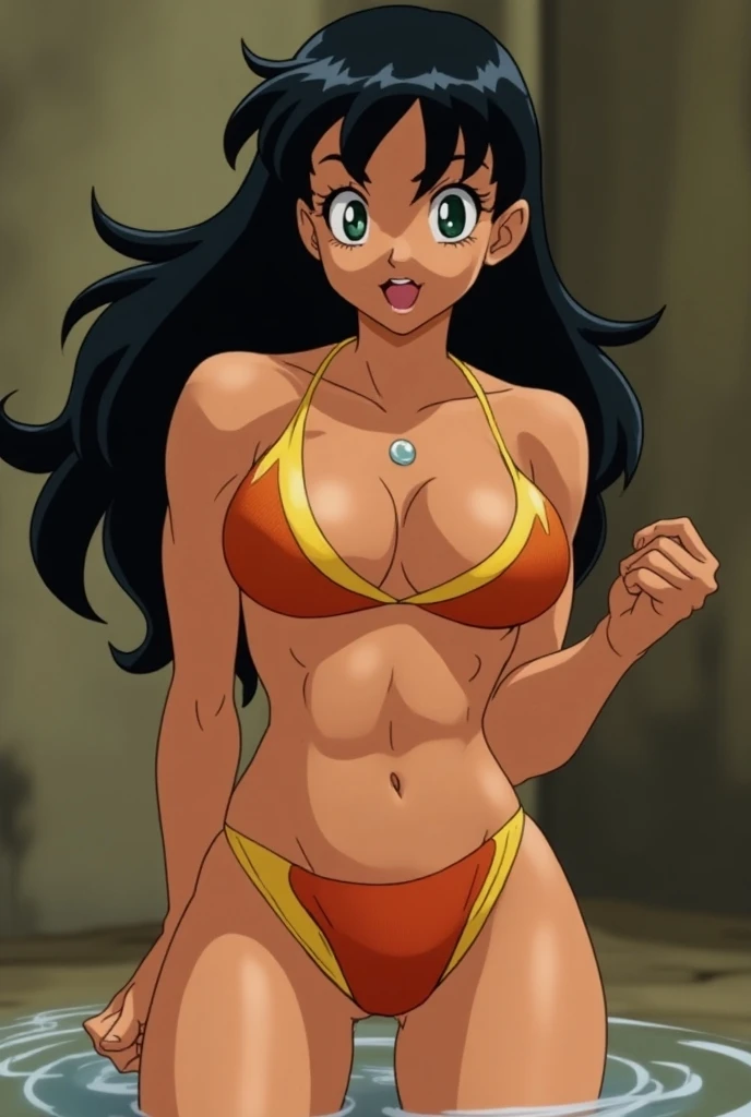 mujer, Female 15 years old, muscular, Bikini ajustado, Pechos gigantes, pechos enormes, Oppein Proporciones, pelo corto y pelirrojo, Brown eyes, cintura delgada, caderas grandes y cuvy, culo enorme, sonriente, Labios llamativos, pintalabios rojo, cuerpo completoesbiano, manos en la cintura, Sexy pose in the bathroom, Estilo anime retro, 80's anime, 80's retro anime, Bright colors and solid tones