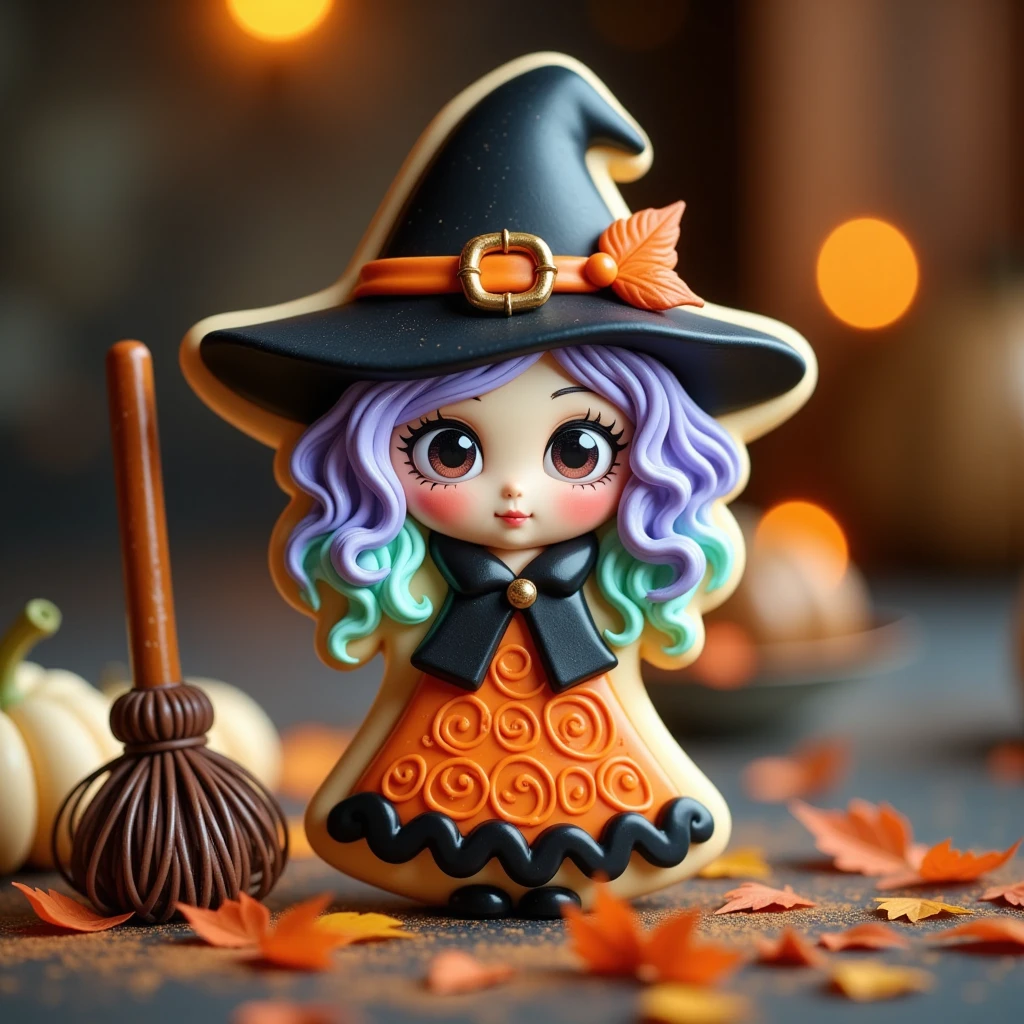 Imagine a delightful cookie shaped like a whimsical witch, her pointed hat adorned with a tiny candy buckle that gleams under the kitchen's cozy, warm light. Her eyes, two small chocolate chips, twinkle with a mischievous glint, while her hair, delicately piped in spirals of lavender and mint green icing, cascades beneath her hat. Her dress, a playful blend of orange and black, swirls with intricate patterns resembling tiny autumn leaves caught in a gentle breeze. A miniature broomstick, crafted from a thin pretzel rod and strands of edible fibers, rests beside her, ready to whisk away on enchanting adventures. The sweet aroma of vanilla blends harmoniously with a hint of cinnamon, evoking the very soul of a whimsical Halloween evening. This cookie, though stationary, seems poised to share tales of moonlit nights and magical spells.