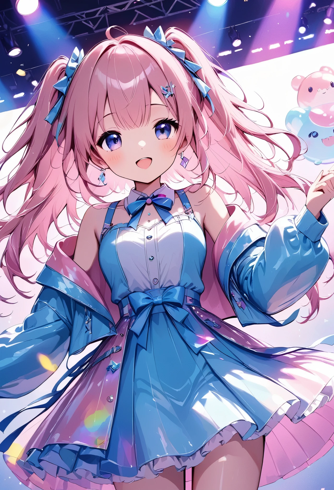 anime、バーチャルIdol、Pink Hair、 squishy costume、Inside the screen 、 unreal world 、２DのIdol、cute、Idol、Live Performance Venues、Colorful lighting、Sing a song
