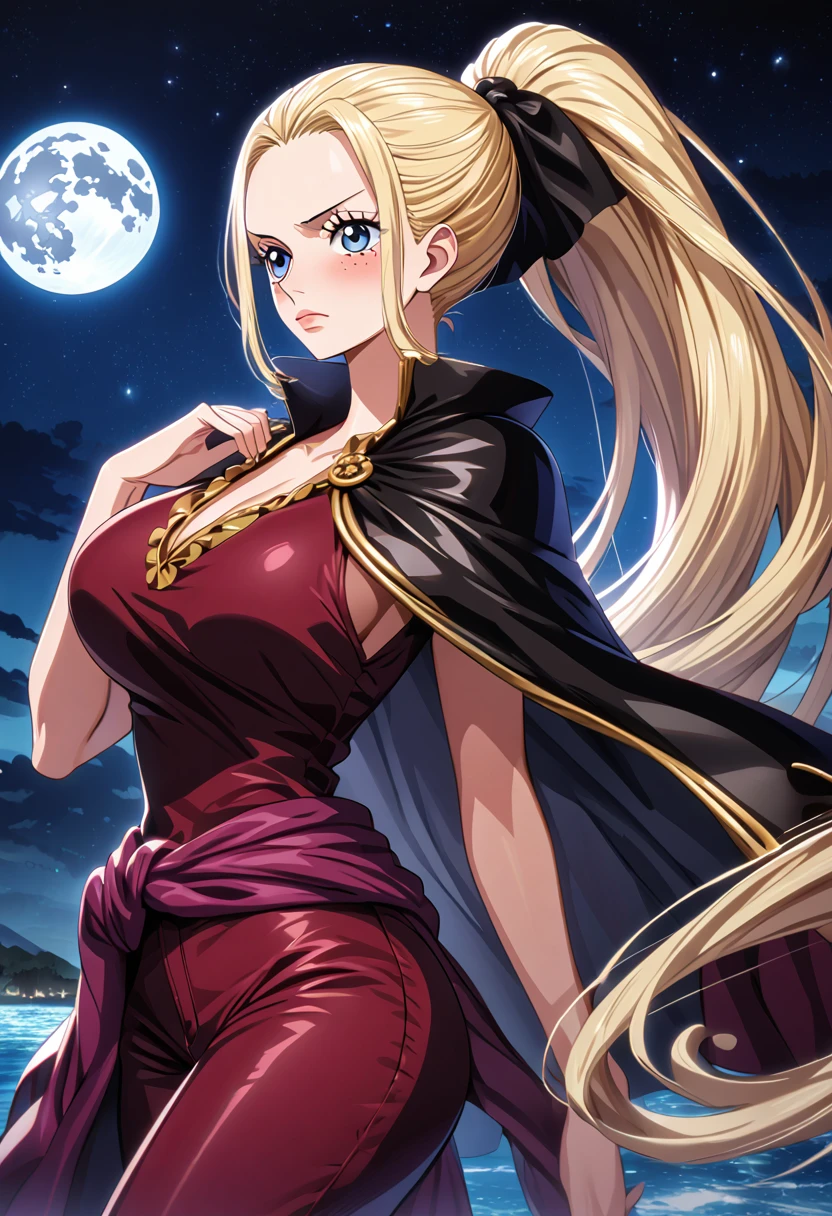 anime, anime one piece, Female character, very long hair,  light blond hair , Long FRINGE, ponytail hairstyle,  subtle freckles on the cheekbone ,  slight blush on the cheekbone , cherry-colored lips, light blue eyes,  big boobs, very pretty face ,  high resolution , Necessary, burgundy pants  ,  burgundy shirt with gold details with a V-neck and sleeves that go up to the elbow with ruffle details,  black scarf tied around the waist ,  black cape over the shoulders .  thigh-length black boots ,  deep sea with starry sky and full moon .