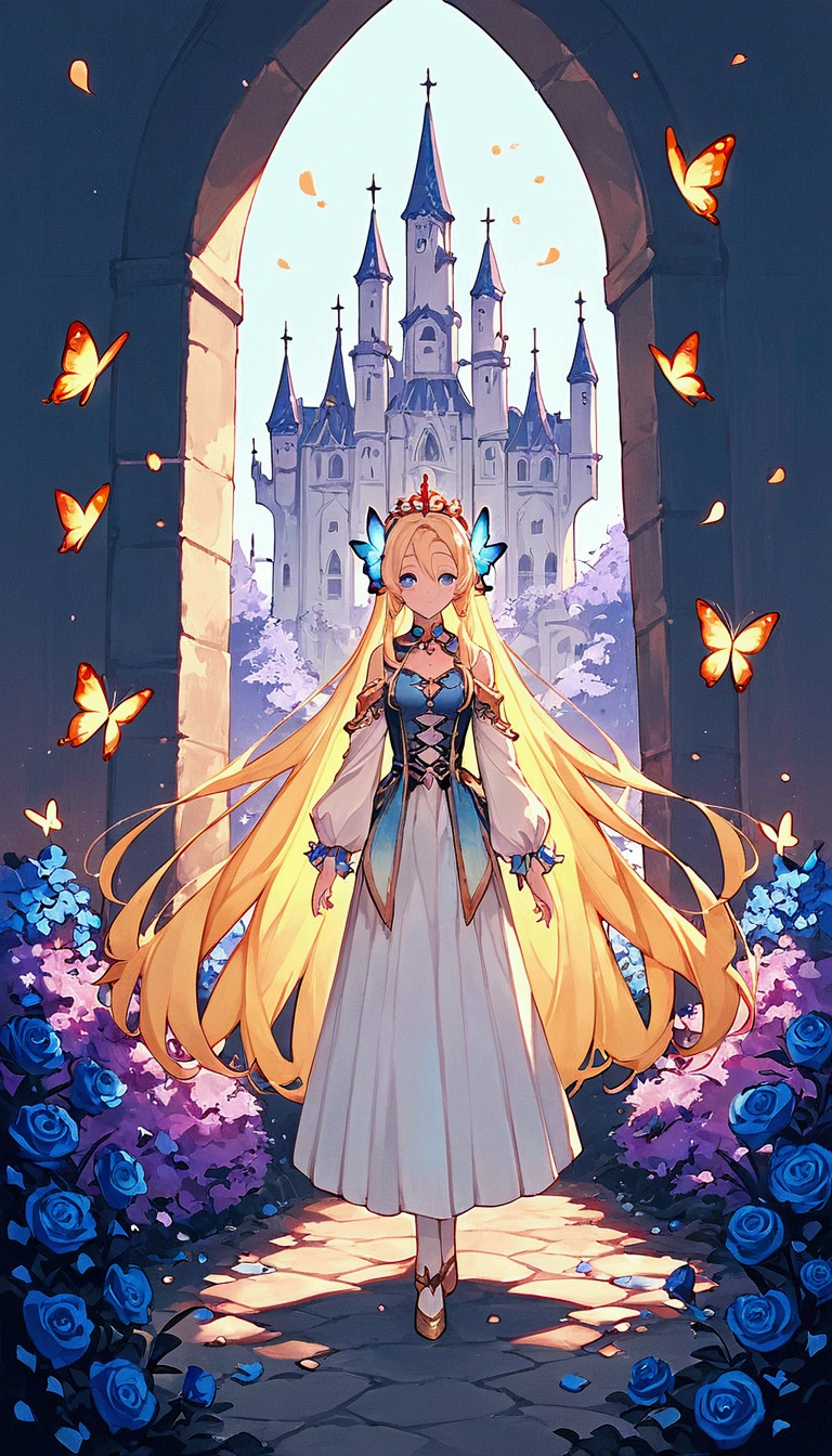 a very beautiful castle/(full body/),beautiful long blonde princess, colorful butterflies,many flowers and petals,colorful,pastel color,vivid color.score_9, score_8_up, score_7_up, score_6_up, score_5_up, score_4_up, source_anime,source_furry,rating_safe,rating_questionable,masterpiece, best quality, perfect anatomy , very aesthetic , absurdres ,vivid color,golden hour