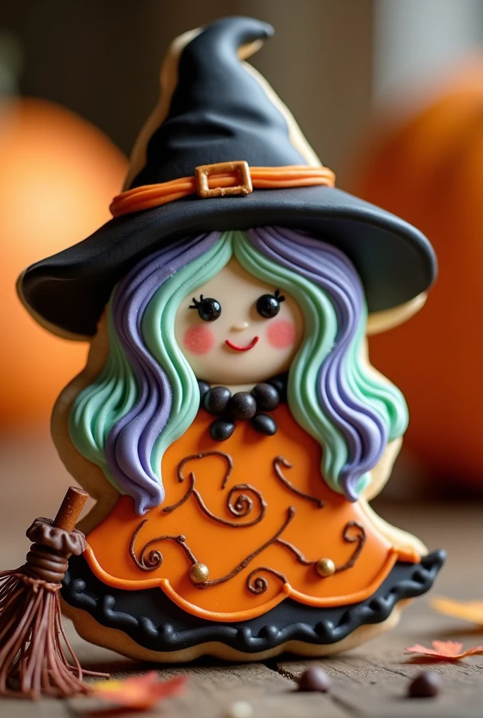 Imagine a delightful cookie shaped like a whimsical witch, her pointed hat adorned with a tiny candy buckle that gleams under the kitchen's cozy, warm light. Her eyes, two small chocolate chips, twinkle with a mischievous glint, while her hair, delicately piped in spirals of lavender and mint green icing, cascades beneath her hat. Her dress, a playful blend of orange and black, swirls with intricate patterns resembling tiny autumn leaves caught in a gentle breeze. A miniature broomstick, crafted from a thin pretzel rod and strands of edible fibers, rests beside her, ready to whisk away on enchanting adventures. The sweet aroma of vanilla blends harmoniously with a hint of cinnamon, evoking the very soul of a whimsical Halloween evening. This cookie, though stationary, seems poised to share tales of moonlit nights and magical spells.