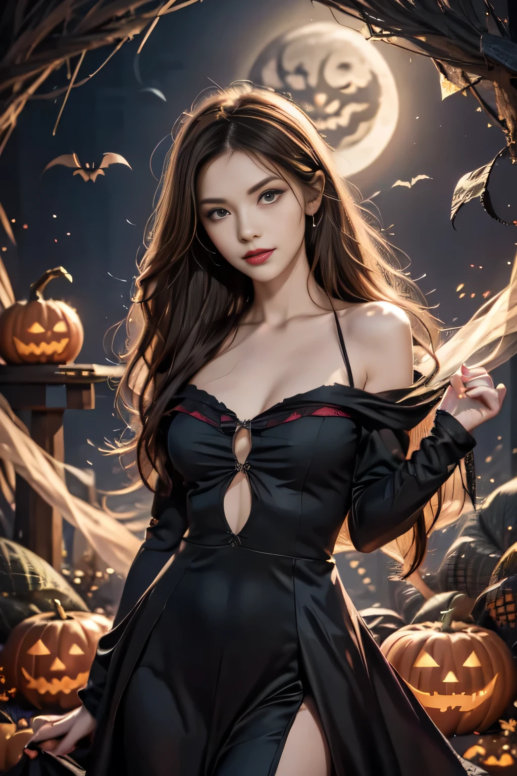  dark hair, Hair shaking, victory,  long lashes , Solid round eye,  faint smile,  red ears , direction,   surrealism ,  milk, relief, Stereogram, Standing photo , Throw, Atmospheric perspective, 8k,  super detailed, Precise,  best quality，Multiple sclerosis. Arafai   , Wearing a black dress,  stands in front of a row of carved pumpkins, Halloween atmosphere, Halloween night, in a Halloween style, Halloween theme, Halloween art style, Halloween, Horrible but fascinating, Beautiful witch spooky woman, Beautiful witch, Halloween celebration, spooky Halloween night, Halloween Consequences, Halloween scene, Beautiful witch,