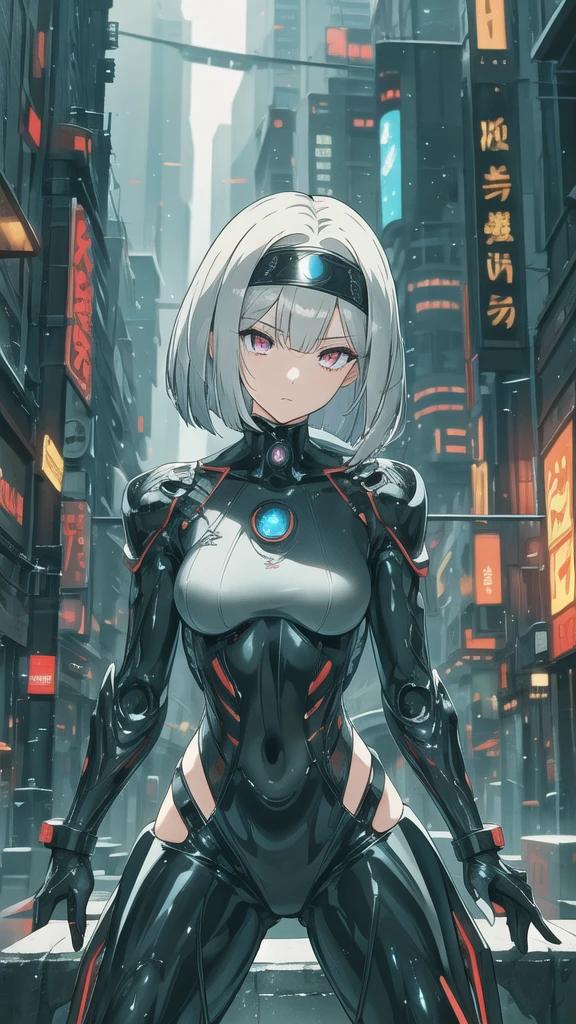 a beautiful detailed anime girl with silver flowing hair, wearing a headband,bob haircut, beautiful detailed eyes and lips, extremely detailed face, looking back over her shoulder, wearing a black mechanical cyber suit, crouching and holding a sword in her hand, pointing the sword towards the camera, slim and graceful figure, perfect proportions, an assassin in a cyberpunk setting, complex digital anime art, 8k wallpaper, 4k anime style, masterpiece, highest quality, high resolution, ultra-detailed, photorealistic, complex lighting, hyper detailed, grand, twilight