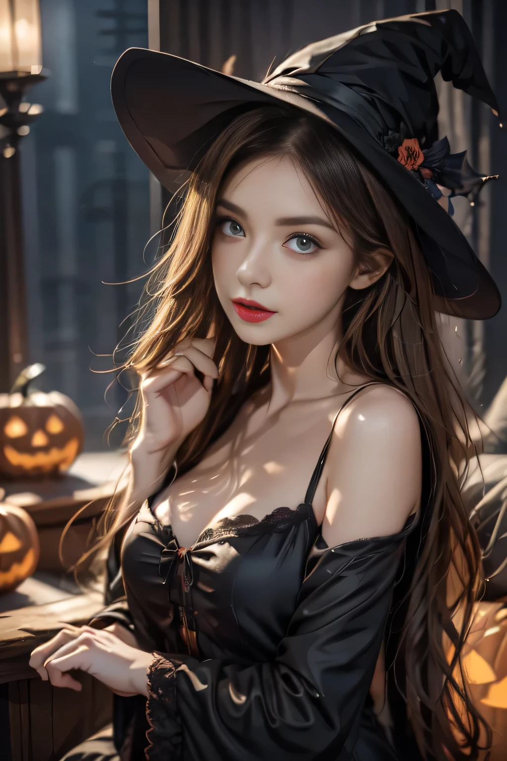 dark hair, Hair shaking, victory, long lashes , Solid round eye, faint smile, red ears , direction, surrealism , milk, relief, Stereogram, Standing photo , Throw, Atmospheric perspective, 8k, super detailed, Precise, best quality,Multiple sclerosis. Arafai , Wearing a black dress, stands in front of a row of carved pumpkins, Halloween atmosphere, Halloween night, in a Halloween style, Halloween theme, Halloween art style, Halloween, Horrible but fascinating, Beautiful witch spooky woman, Beautiful witch, Halloween celebration, spooky Halloween night, Halloween Consequences, Halloween scene, Beautiful witch,