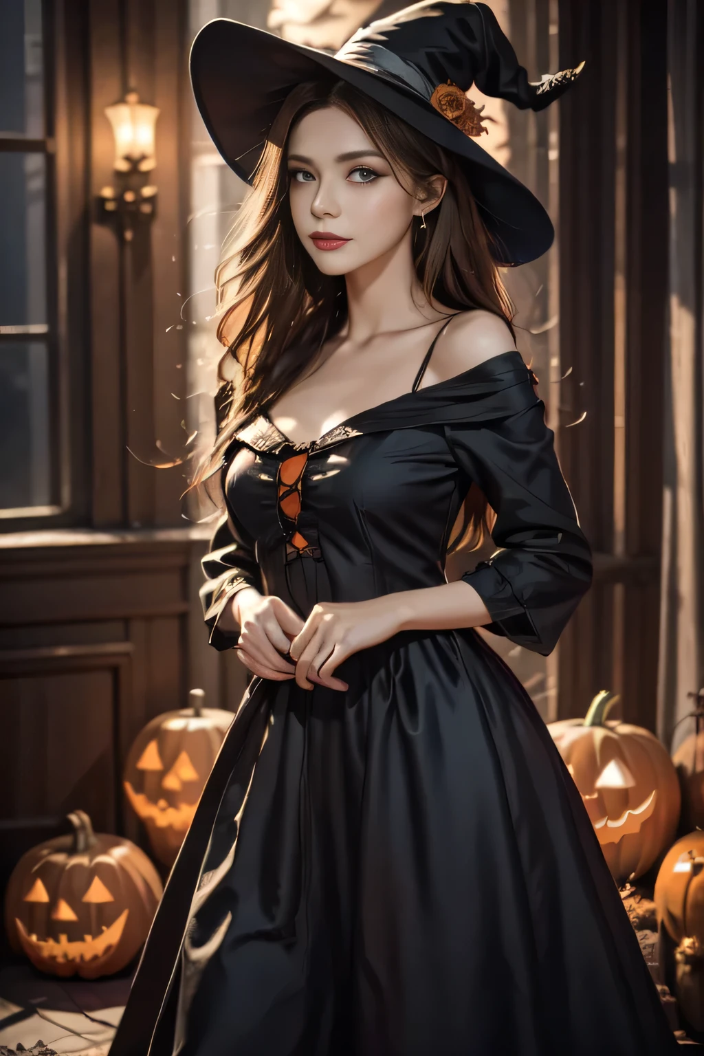 Black Hair, Hair shaking, victory, Long eyelashes, Solid round eye, A faint smile, ears red, direction, Surrealism, shadow, Relief, Stereogram, Standing picture, Throw, Atmospheric perspective, 8K, Super Detail, precise, best quality,Multiple sclerosis. Arafai, Wearing a black dress, Standing in front of a row of carved pumpkins, Halloween atmosphere, Halloween night, in a Halloween style, Halloween theme, Halloween art style, Halloween, Terrible but charming, Beautiful witch spooky woman, Beautiful witch, Halloween celebration, spooky Halloween night, trick or treat, Halloween scene, Beautiful witch,