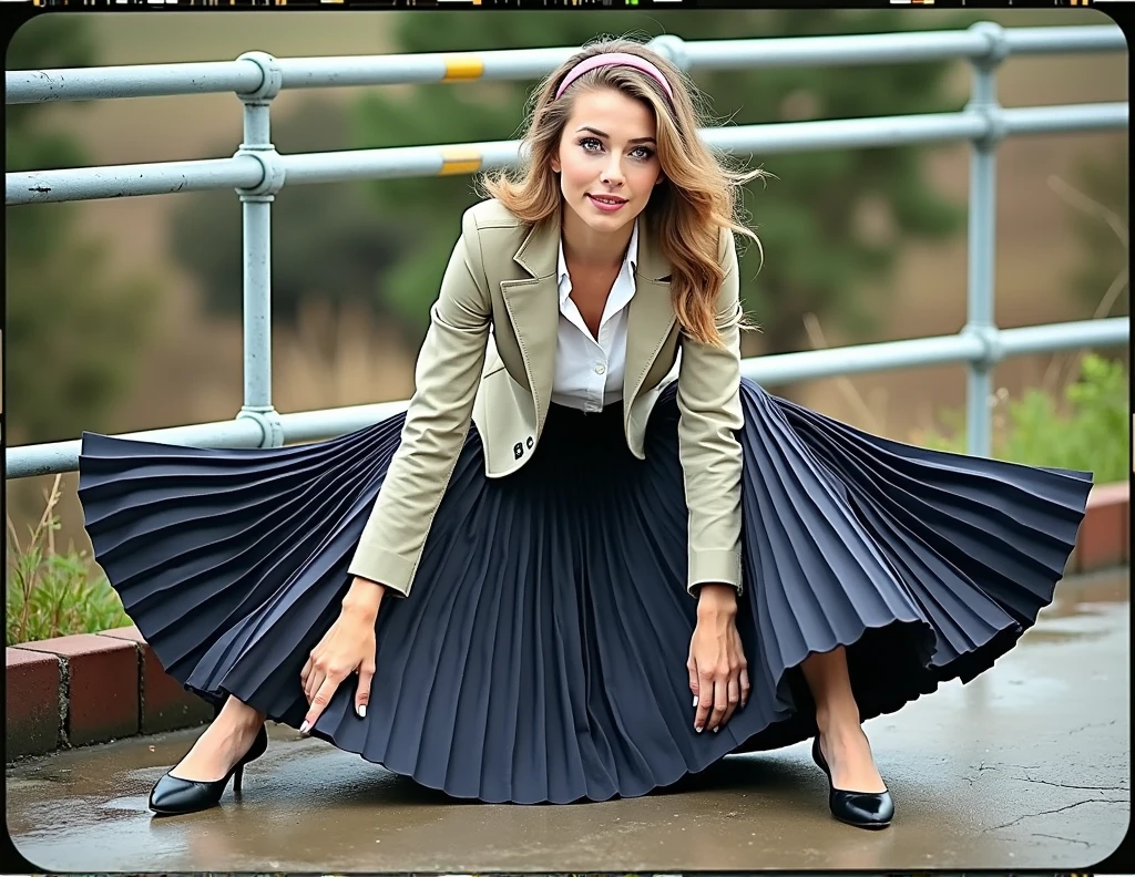 very (seductive:1,9) smiling young girl wearing short blazer and very very detailed (long (fully pleated) full circle skirt) and (simple) low heeled office shoes, very very intricate hyper-detailed symmetric (attractive graceful young feminine face) with (sad, tired eyes and a shy smile), large breasts, full of empathy and compassion and love, (pronounced (feminine) features), (highly detailed ultra accurate realistic) hands and fingers, (windy conditions and wind blowing), sitting on the ground and skirt spread around, epic composition, highly detailed attributes, highly detailed atmosphere, (35mm f1.4 Kodak portra 400 photograph), extremely high quality RAW photograph,
