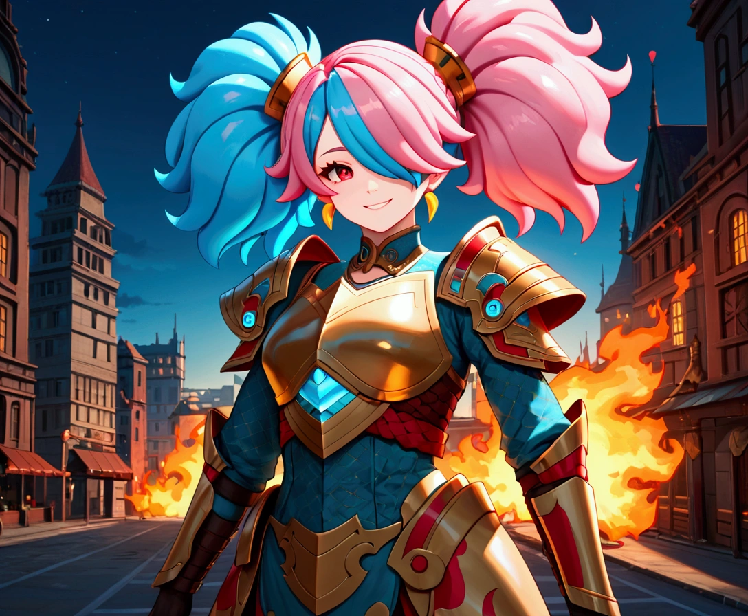 best quality, 4k, masterpiece, extremely detailed, High Detail, 1girl, solo, peri, blue hair, hair over one eye, multicolored hair, twintails, pink hair, red eyes, two-tone hair, armor, smile, Burning city background