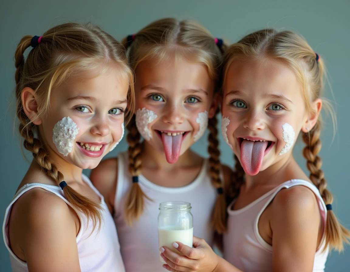 Children with milk on their faces with their tongues out looking up