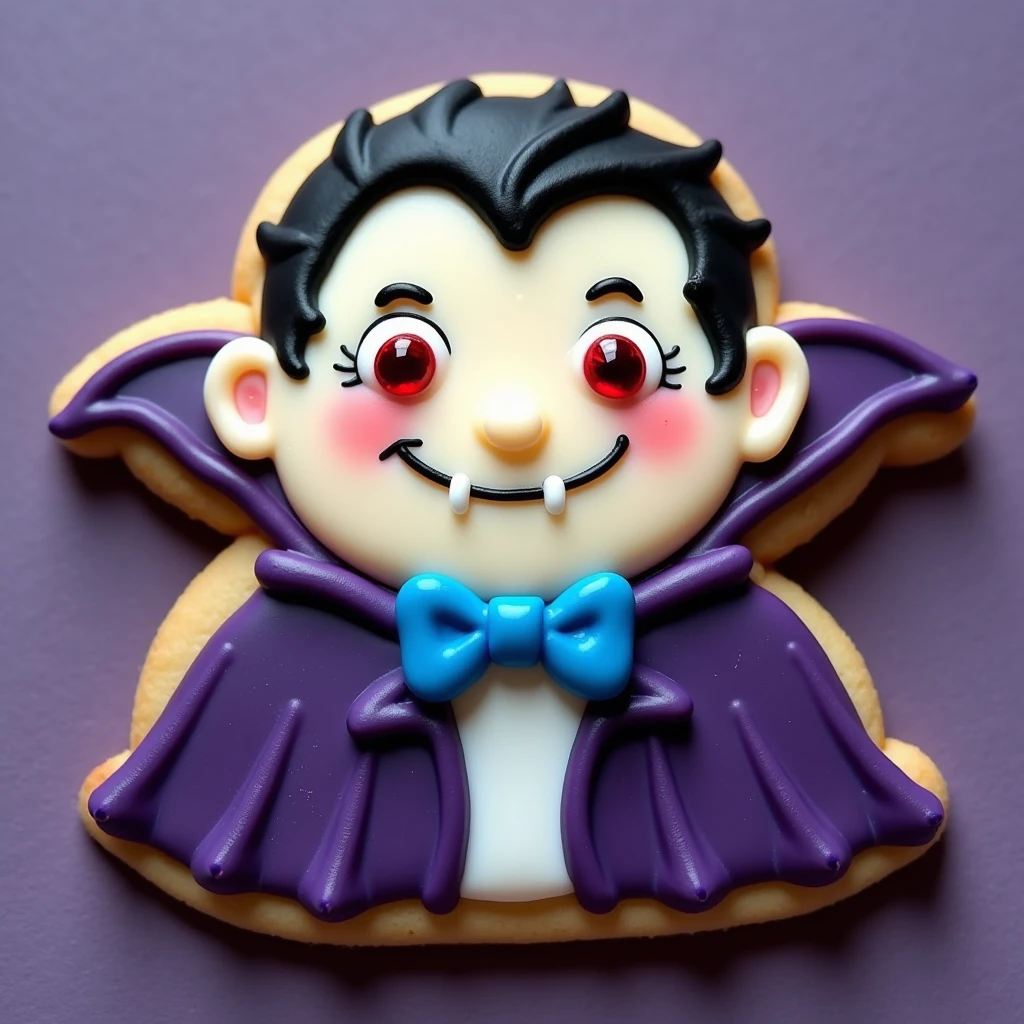 Picture a vampire cookie, its expression one of mirth rather than menace. The icing creates a dashing figure clad in a cape of deep, rich purple that billows outwards like the wings of a nocturnal creature of lore. His fangs peek from under a smile crafted of ivory white icing, sharp yet set in a friendly grin. His eyes are two glossy orbs of crimson candy, shining with mischief and elegance. A bow tie of royal blue icing contrasts playfully against his pale almond face, offering a whimsical touch to his suave appearance. His hair, slicked back in glossy waves of ebony icing, frames his charming visage. This cookie invites you to a world where vampires enjoy gathering for laughter and the sharing of sweets, under the enchantment of the Halloween moon.