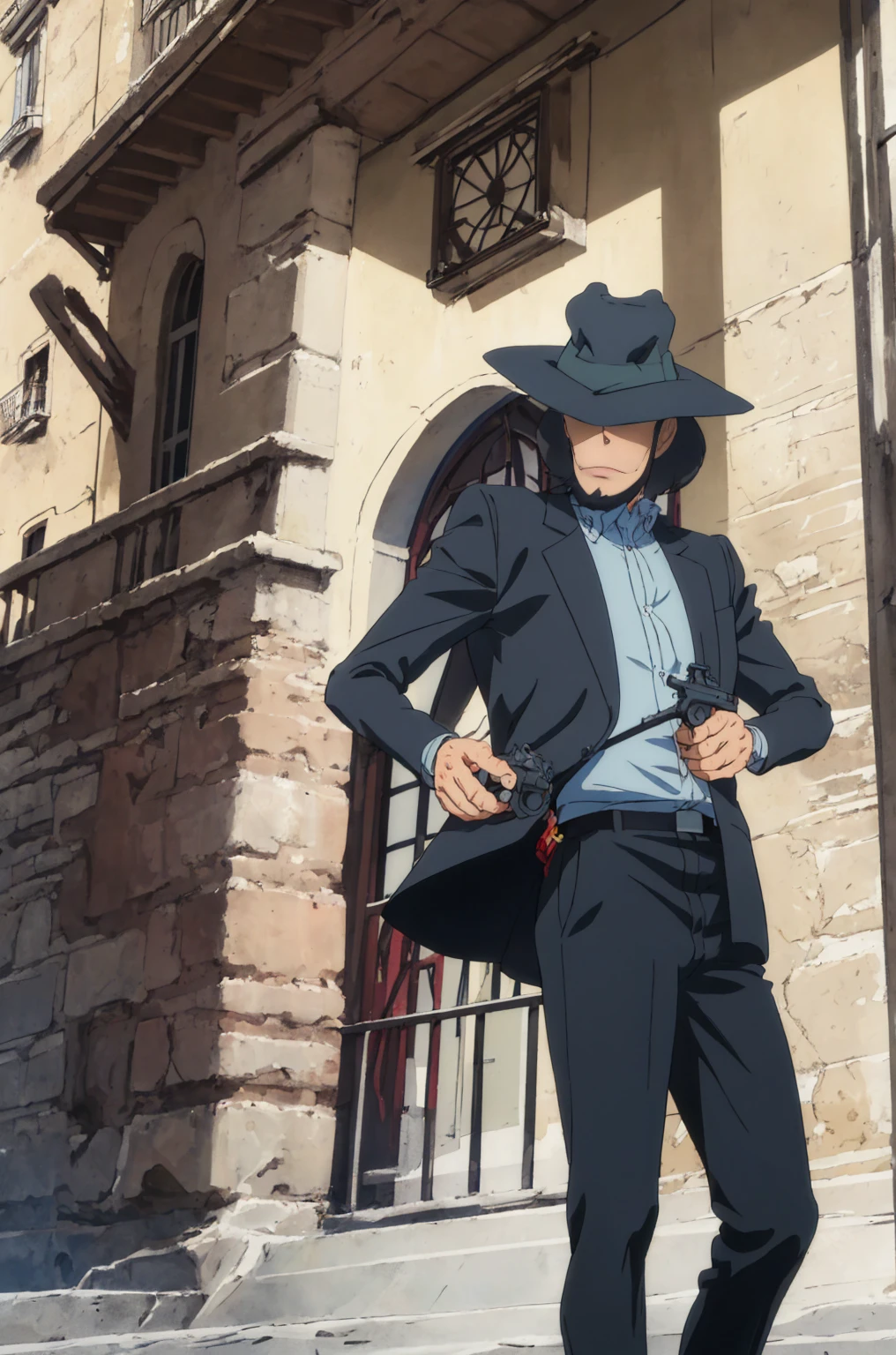   (Best Quality, masterpiece,  RAW Photos,Super detailed:1.2), Jigen Daisuke,Alone, , Black Hair, Borsalino style folding hat, Hide Your Eyes,formal,Italian cityscape,  Knight , handgun, From below