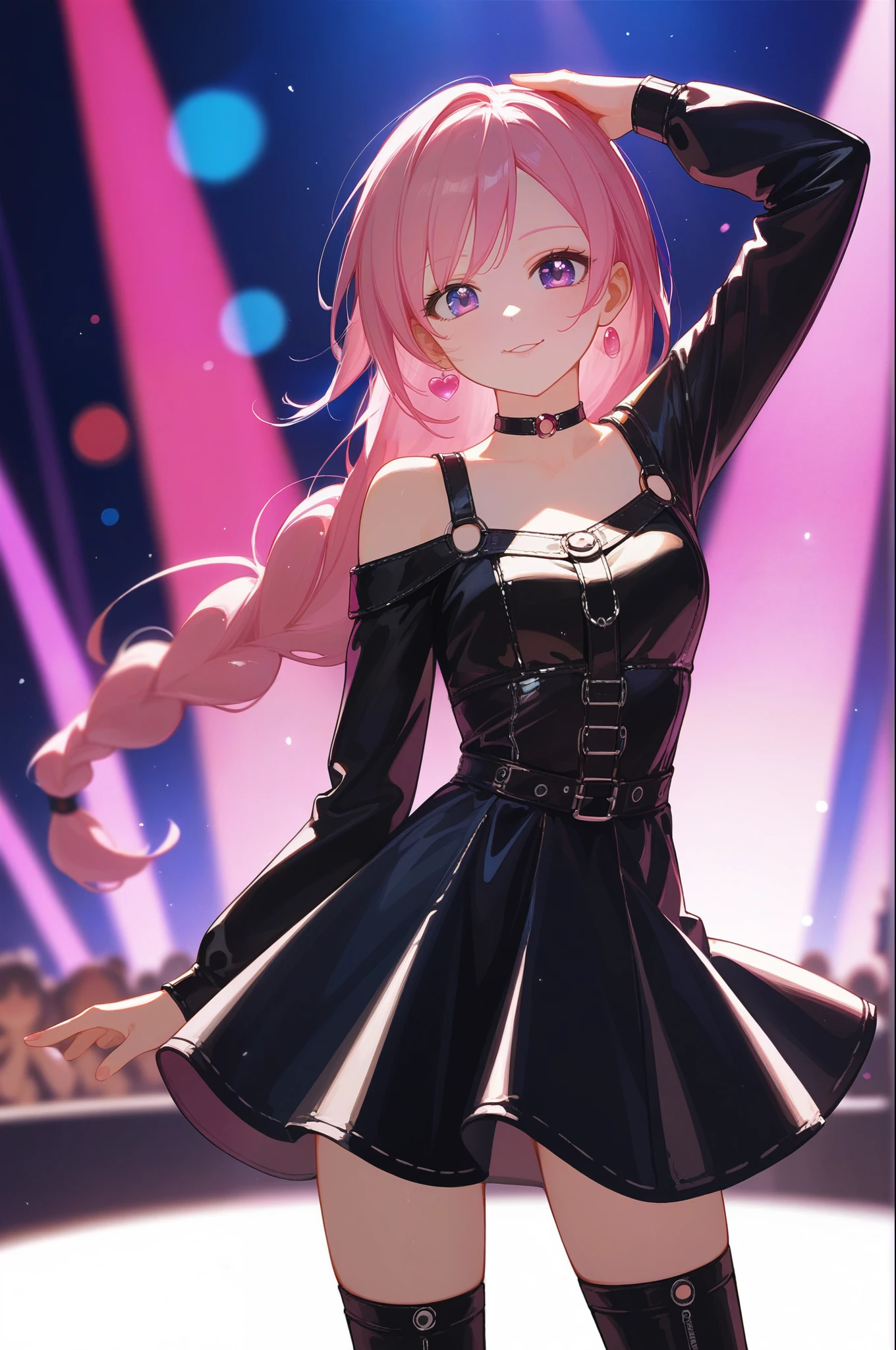 score_9, score_8_up, score_7_up, (masterpiece, UHD, 8K, 16K, ultra detailed), source_anime, sfw, front view, 1girl, idol, dancer, cool dancing pose, black leather sundress, short dress, off shoulder, long sleeves, leather stocking, long hair, (pink hair), one side braided, colorful stage background, stage light, (depth of field), bokeh, diffused light, dramatic ambient