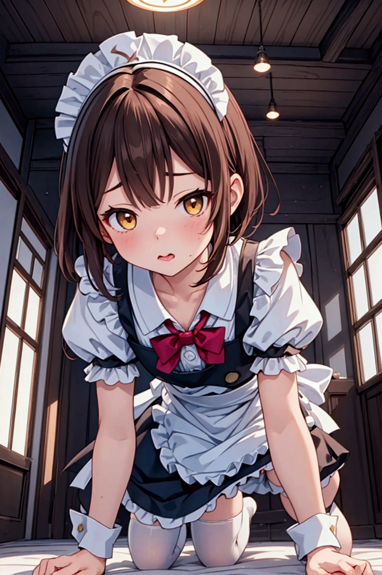 nswf,from below, otoko no ko,(crawling on all fours),  1girl, flat chest,male chest,soloPanties bulge with penis,oral fellatio, testicles,maid, puffy short sleeves, yellow bowtie, maid apron, waist apron, wrist cuffs, bottomless, white socks,medium hair,brown hair,25years old, HD background,beautiful facebest quality, ultra detailed,high resolution,8k, extremely detailed CG,super fine illustratio