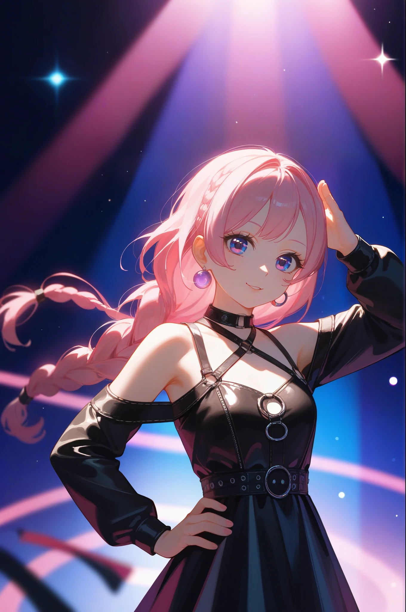 score_9, score_8_up, score_7_up, (masterpiece, UHD, 8K, 16K, ultra detailed), source_anime, sfw, front view, 1girl, idol, dancer, cool dancing pose, black leather sundress, short dress, off shoulder, long sleeves, leather stocking, long hair, (pink hair), one side braided, colorful stage background, stage light, (depth of field), bokeh, diffused light, dramatic ambient