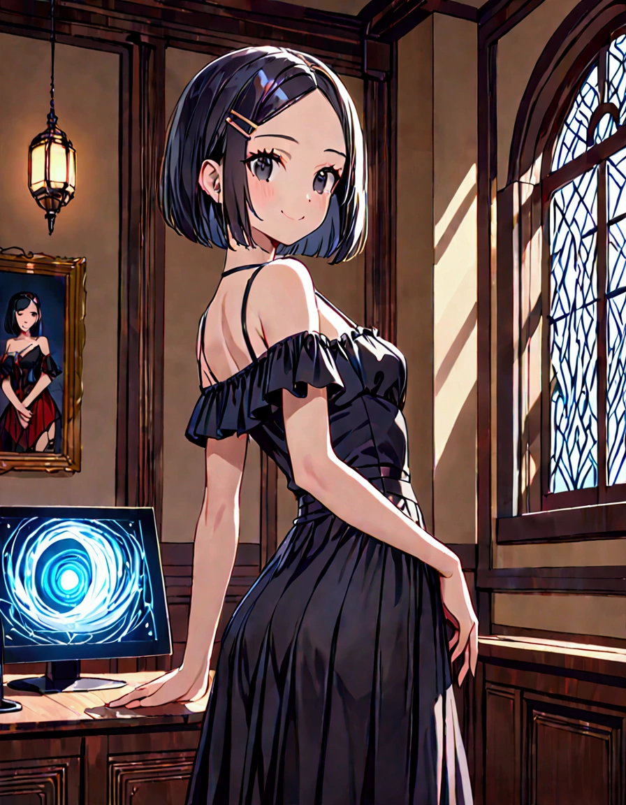 (masterpiece)(best quality)(ultra detailed)(high resolution),solo  girl, black hair short hair, bob cut, (forehead:1.2)(hairpin in center parted bangs:1.2), black eyes, slender body, medium hip, smile, long skirt jet black dress off shoulder dress, stockings, upper body above knees, from side, pose of looking back, indoors,