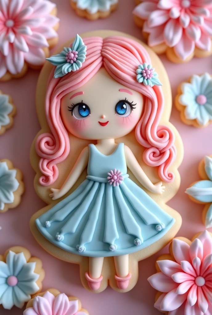 (Amidst a world encased in dreamy pastels, a whimsically charming icing cookie emerges, its surface delightfully shaped as a jovial young girl. Her features are tenderly crafted, each detail a testament to the art of confectionery mastery. The cookie itself is a soft, buttery canvas, tinged lightly with the colors of sunrise and twilight. Framing her face is a cascade of sugar-spun hair, swirling in hues of delicate pinks and ethereal lavenders. Her eyes, sapphires flecked with starlight, twinkle with innocent wonder. Wearing a dress of sugared fondant, resplendent in patterns of daisies and dahlia spirals, she spreads an aura of warmth and whimsy. Around her, a narrative unfolds; tiny blossoms of icing dot her edges, whispering tales of enchanted gardens and secret glens. The air is imbued with the gentle fragrance of vanilla and almond undertones, inviting all who behold to partake in the sweet serenity of this delightful creation. A symphony of pastel magic, this cookie stands as a testament to a gentle world where dreams are spun in sugar and delight dances upon every bite.)