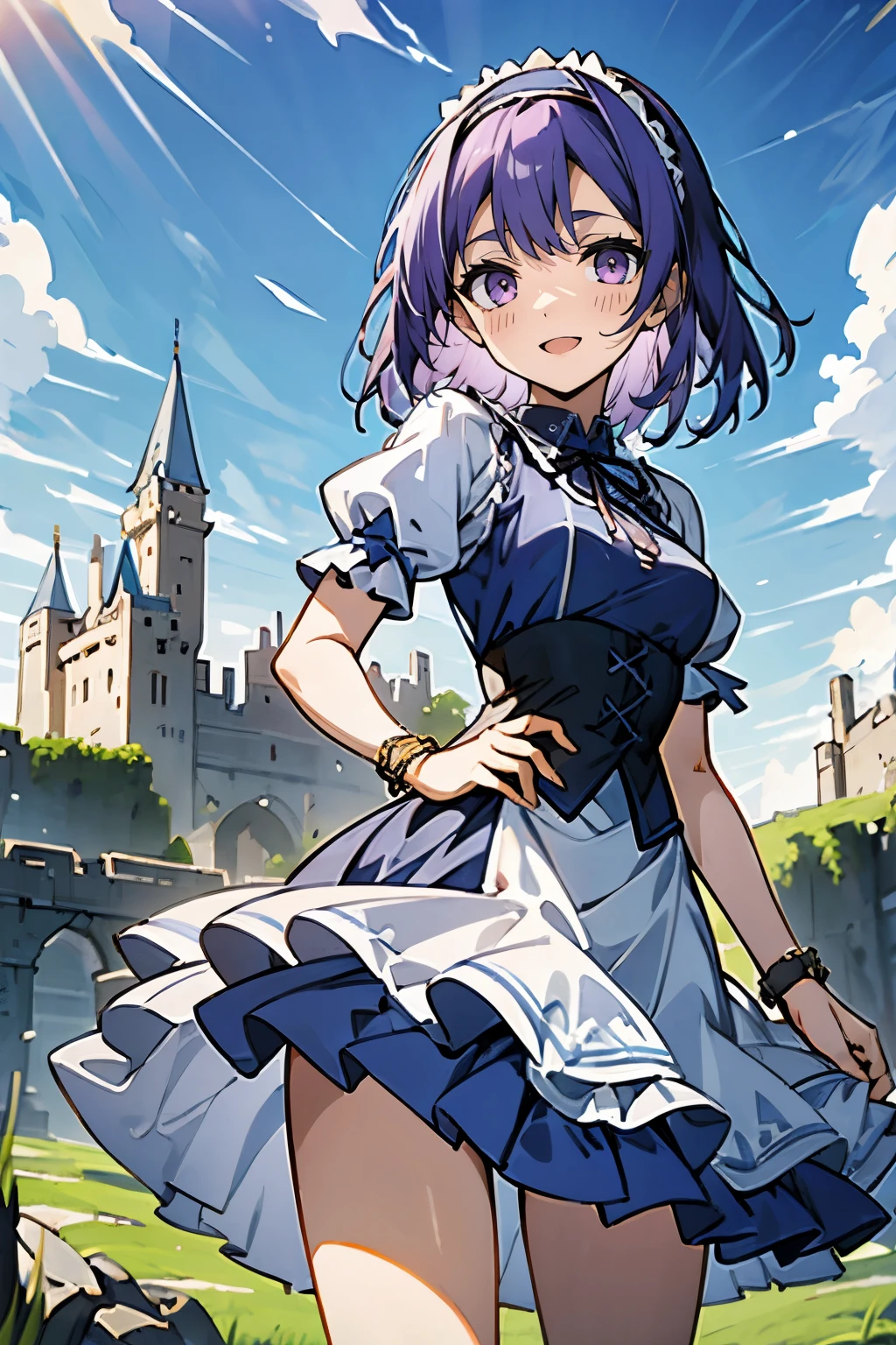 (masterpiece:1.2), (high quality:1.2), reo mikage, blue lock, girls with((((solo, 1 girls, (medium hair, frilled hairbands:1.55), puffy sleeves + blue dress + skirt adds short dress + blue tights + white shirt and frills collared shirt + neck ribbon + corset + bracelet, frilled dress, short sleeves, purple eyes, purple hair, smiling, opened mouth, standing))), background with((camelot kingdom, castle, sky, sea, shining sunlight, august 12))