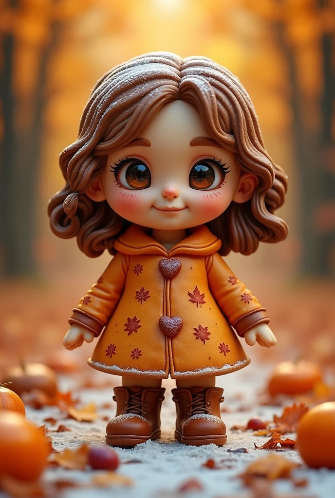 (On a brisk autumn day, where the winds are gentle, and the leaves paint themselves auburn and gold, a cookie of timeless charm emerges in the likeness of a young girl. Her visage is painted with autumn's palette; russet brown locks, flecked with glints of caramel, cascade elegantly down her sides. Her eyes are twin pools of molten amber, reflecting the rich earthiness of the season. Her attire is a masterpiece of cinnamon-toned icing, adorned with patterns of acorns and maple leaves, each a tribute to nature's artistry. Below, a frosted pathway of gingerbread invites wandering thoughts through orchards ripe with apples and pumpkin-laden fields. The air around her mingles with aromas of spiced nutmeg and clove, crafting an ambience both cozy and captivating. As the day's gentle light dances upon her sugared form, she imbues every gaze with the nostalgia of crisp mornings and the warmth of crackling hearths. An ode to autumn serenity, her presence captures the heart of the season in a single, delectable bite.)