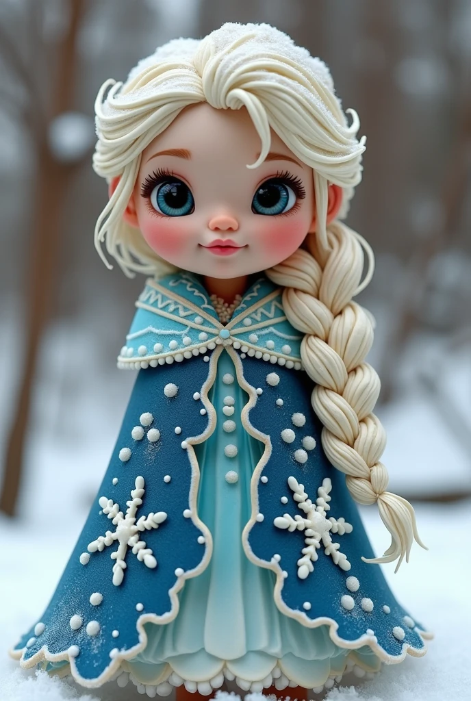 (In the heart of a winter's dream, where landscapes are kissed by frost's gentle touch, an icing cookie springs forth, capturing the spirit of a young girl in its tender embrace. Her skin is a pristine blanket of snow, adorned with the glimmer of iridescent shimmer, mirroring the ethereal glow of a winter's night. Her hair, spun from the finest strands of peppermint and white chocolate, cascades like a waterfall frozen in time. Her eyes, gleaming like the northern skies, hold tales of snowy escapades and the merriment of winter's embrace. Dressed in an intricate cloak of deep indigo, adorned with snowflake patterns etched in dazzling white sugar, she becomes the embodiment of winter's allure. The air is redolent with hints of peppermint and cocoa, crafting an inviting cocoon of warmth against the chill beyond. Amidst the swirls of glittering ice and frosted boughs, this sweet effigy tells of silent nights and festive cheer, capturing the essential joy of winter in every poignant, sugary detail.)