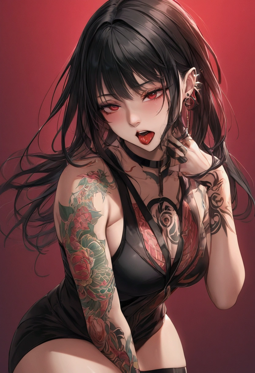 a beautiful 25 year old asian woman in a sailor outfit, tattoos with name "ndraguna", cyberpunk style, sticking out tongue, sharp gaze,sweating red background , manga, anime, (best quality, 4k, 8k, highres, masterpiece:1.2), ultra-detailed, (realistic, photorealistic, photo-realistic:1.37), detailed eyes, detailed lips, extremely detailed face, long eyelashes, dynamic pose, intricate details, vivid colors, dramatic lighting, cinematic composition