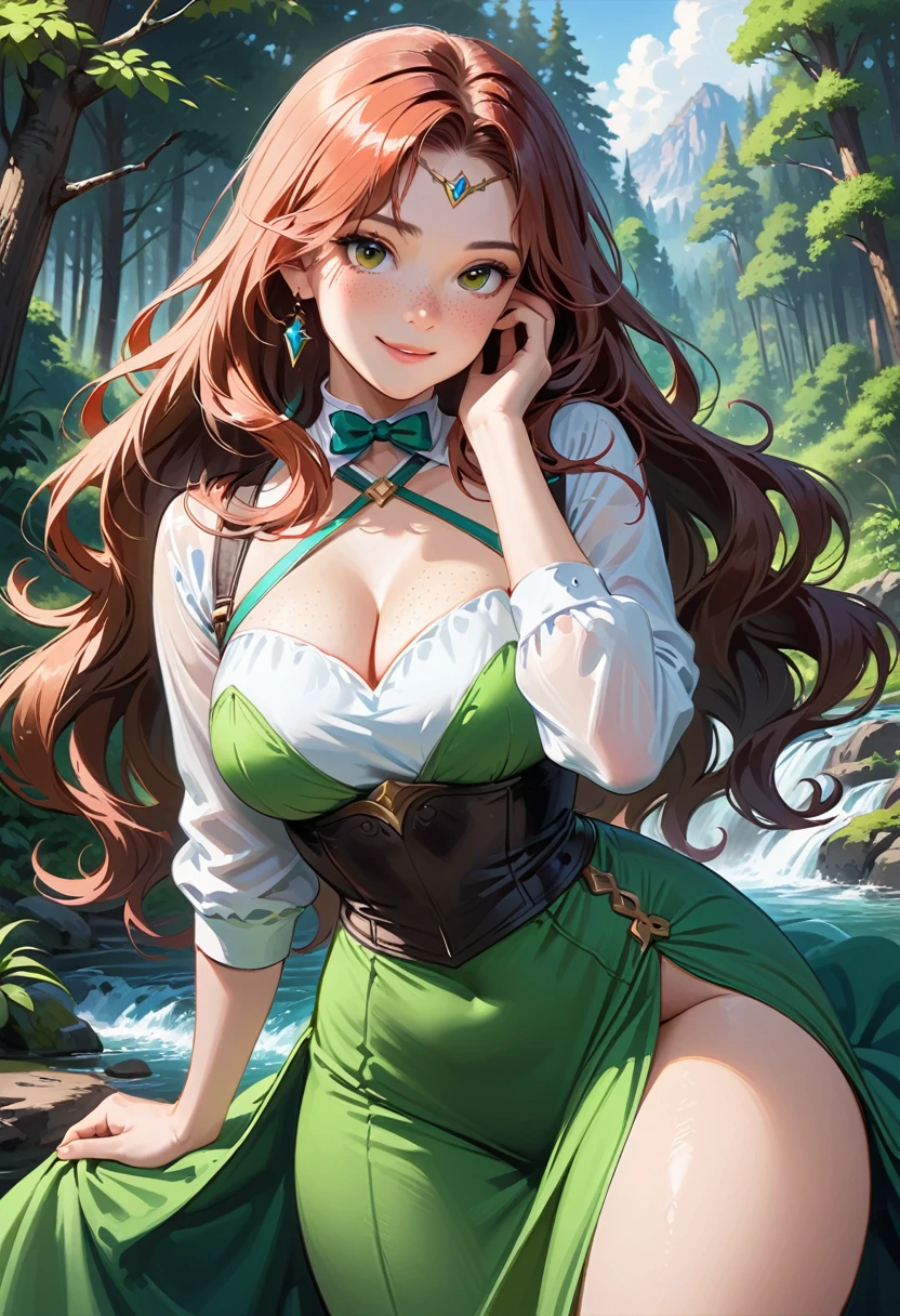 score_9, score_8_up, score_7_up, score_6_up, 1girl skirt lifts, hand in face, archer, smile, blush, freckles, green dress, long sleeves, long skirt ,cleavage, wavy hair, big hair, curvy, medium breasts, narrow waist, wide hips, thick thighs, looking at viewer, dynamic angle, cowboy shot, sexy, forest, on a river, disney, (bow:1.2), realistic, realism, pixar, MeridaXLP
