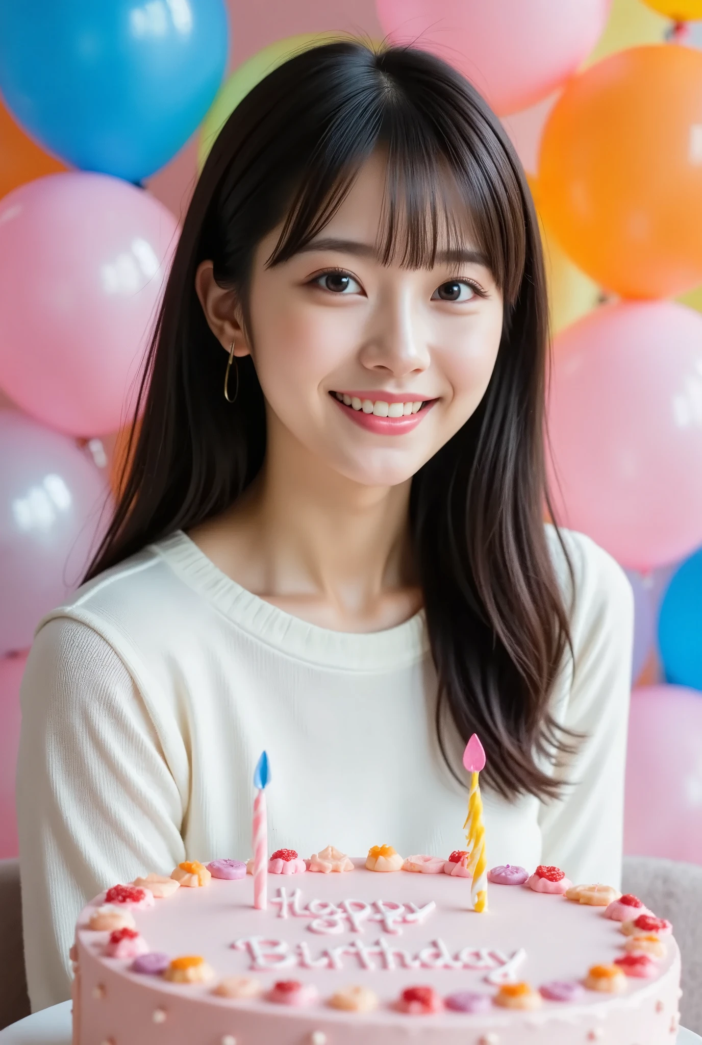 woman, Alone,  young girl,   Happy Expression ,  ,  upper body, (Long Hair,  Black Hair , bangs,  Brown Eyes :1.3), Beautiful breasts, White wool sweater,  pink miniskirt,  for birthdays {x} has a fancy cake, (The cake has a "happy birthday"It says:),  background with lots of balloons , 