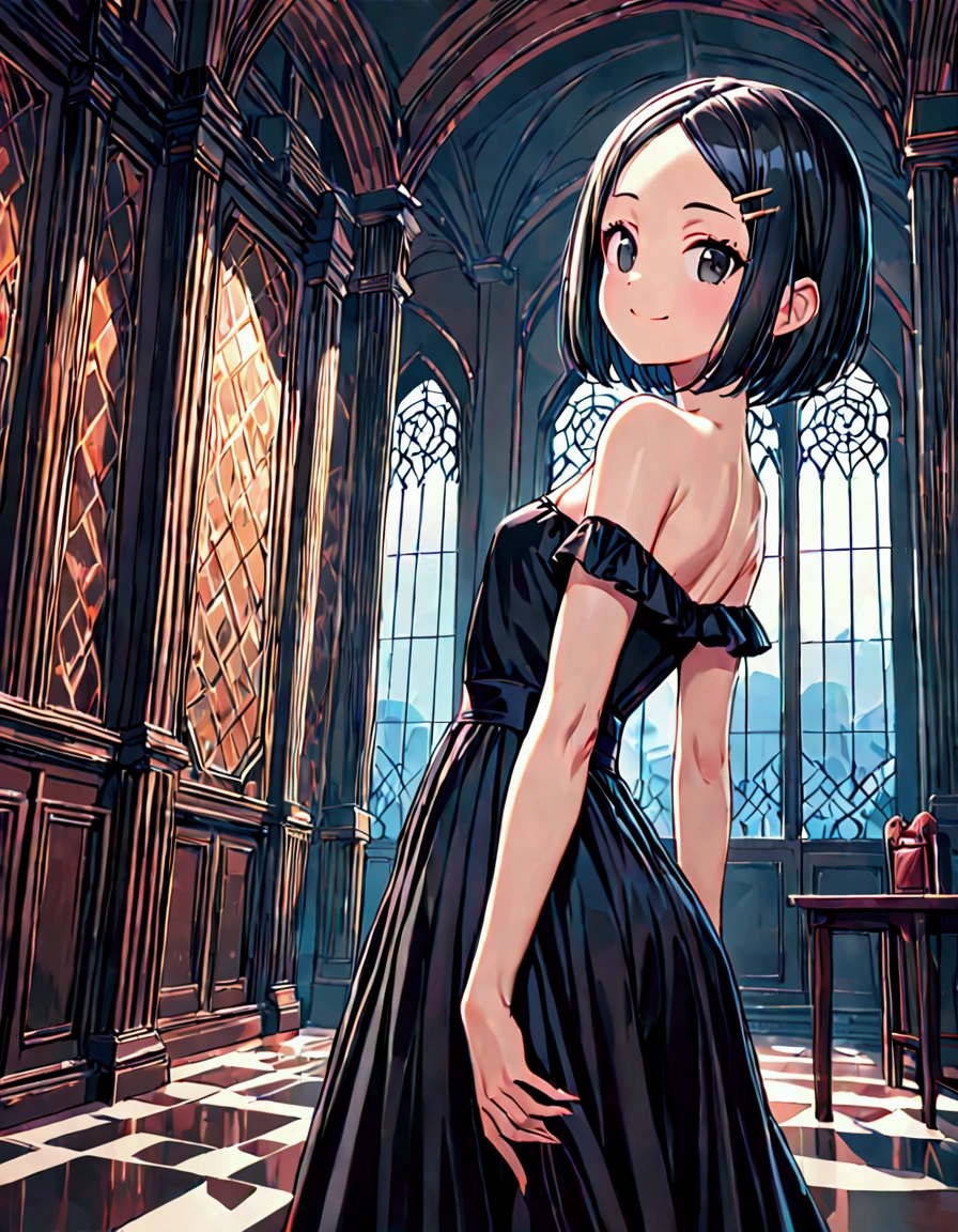 (masterpiece)(best quality)(ultra detailed)(high resolution),solo petite girl, black hair short hair, bob cut, (forehead:1.2)(hairpin in center parted bangs:1.2), black eyes, slender body, medium hip, smile, long skirt jet black dress off shoulder dress, upper body above knees, from side, pose of looking back, indoors,