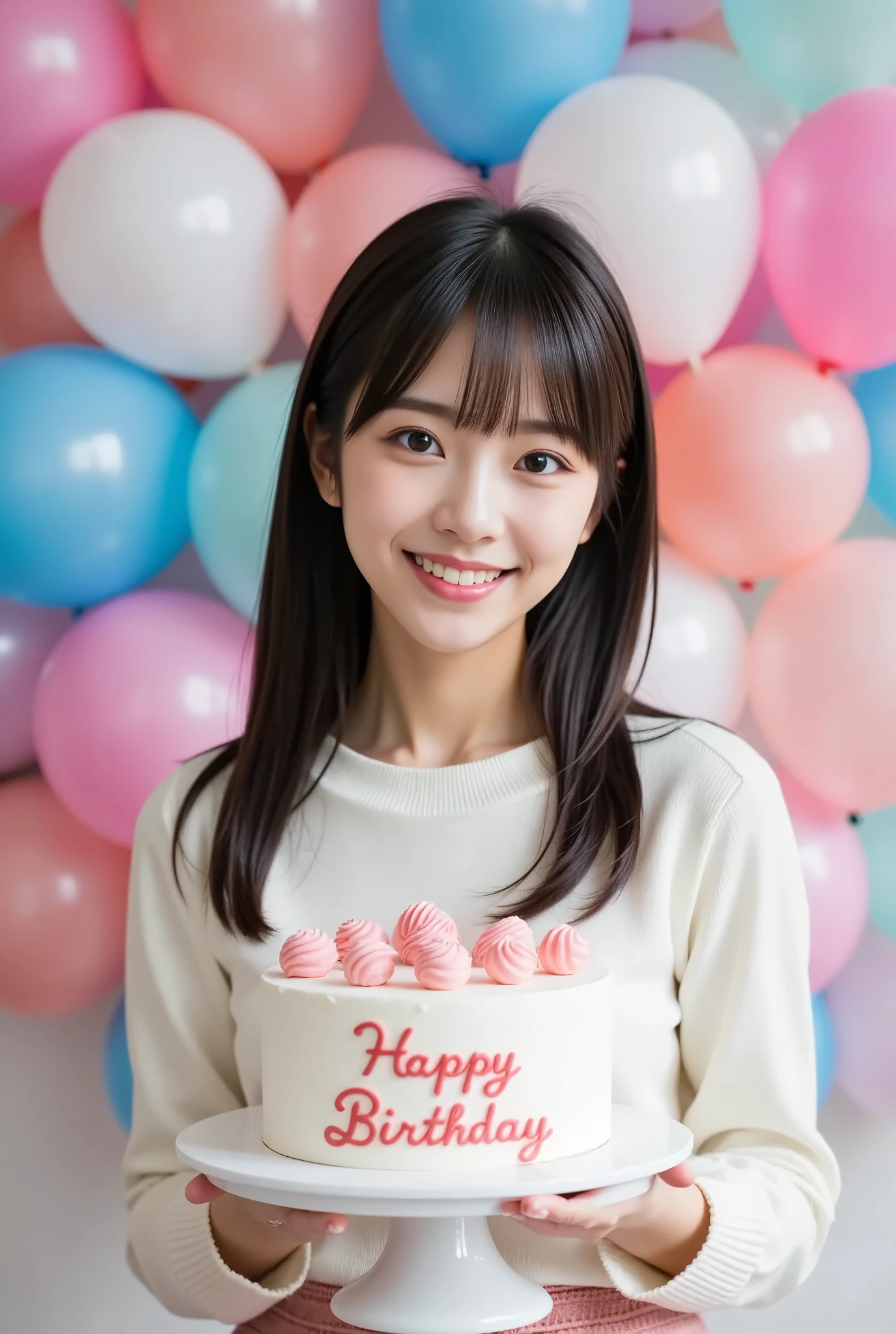 woman, Alone,  young girl,   Happy Expression ,  ,  upper body, (Long Hair,  Black Hair , bangs,  Brown Eyes :1.3), Beautiful breasts, White wool sweater,  pink miniskirt,  for birthdays {x} has a fancy cake, (The cake has a "happy birthday"It says:),  background with lots of balloons , 