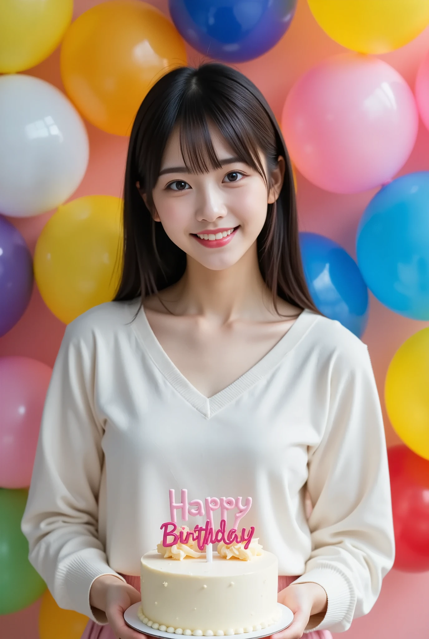 woman, Alone,  young girl,   Happy Expression ,  ,  upper body, (Long Hair,  Black Hair , bangs,  Brown Eyes :1.3), Beautiful breasts, White wool sweater,  pink miniskirt,  for birthdays {x} has a fancy cake, (The cake has a "happy birthday"It says:),  background with lots of balloons , 