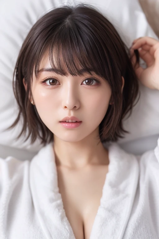 masterpiece, Best Quality,  one woman, (White bathrobe:1.2), (RAW 写真Best Quality)、iris、 very detailed eyes and face,  beautiful and detailed nose, beautiful eyes,  perfect anatomy 、(Delicate and realistic hair、１reality的な髪)、 short hair、bangs、 (reality, reality的:1.4)、超 high definition,4K, very detailed, photo shoot, 8k,  high definition,   cleavage、 shiny skin、( lying on a bed with a small face  : 1.3), Best Quality、 blush cheeks、Open your mouth、 upper body、 angle from above 、