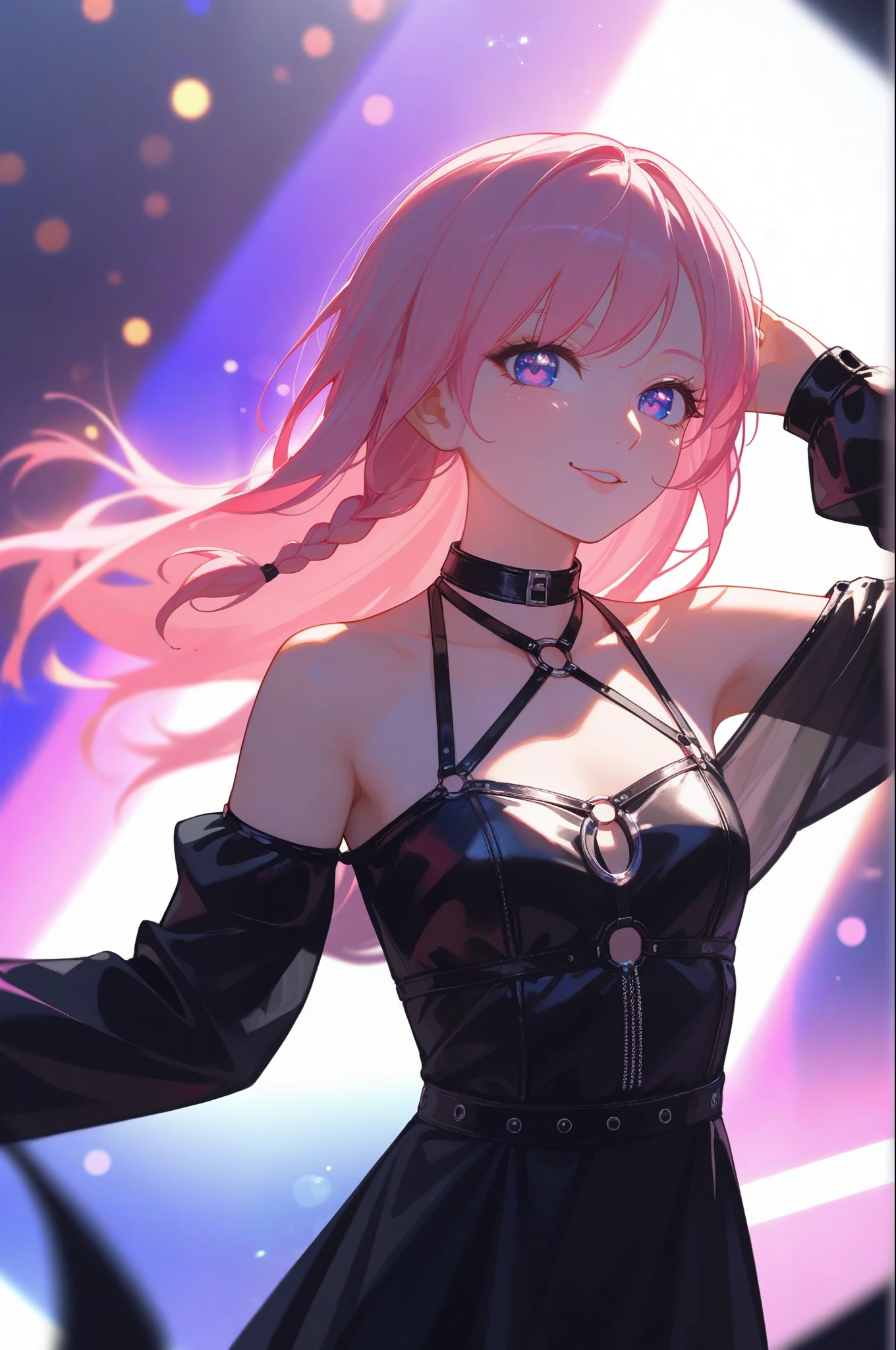 score_9, score_8_up, score_7_up, (masterpiece, UHD, 8K, 16K, ultra detailed), source_anime, sfw, front view, 1girl, idol, dancer, cool dancing pose, black leather sundress, short dress, off shoulder, long sleeves, leather stocking, long hair, (pink hair), one side braided, colorful stage background, stage light, (depth of field), bokeh, diffused light, dramatic ambient