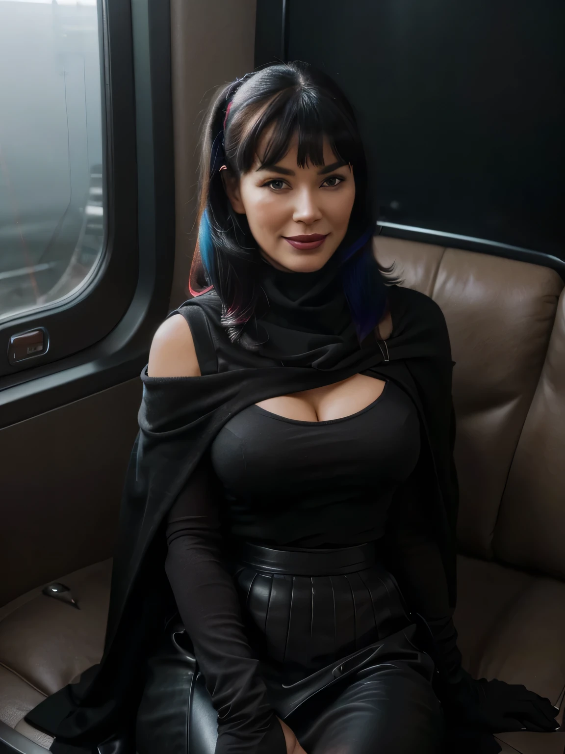 proFessional portrait photograph oF a smiling Bettie Page50 years old in winter clothing with black ponytail hair, sultry Flirty look, teasing the viewer,gorgeous symmetrical Face, joli maquillage naturel, flirting with the camera,wearing elegant warm winter Fashion clothing, (( sitting in a large transcontinetal Airplane next to my seat )) (( soft black leather gloves )) (( warm black cape cloack tourleneck black skirt)) (( handbag on her shoulders)) (( black long maxi-skirt(black long maxi-skirt:1.2 )) superbe environnement urbain moderne, she want to have sex now,ultra realistic, art conceptuel, elegant, Very detailed, complexe, sharp Focus, depth oF Field, F/1. 8, 85mm, Coup moyen, midplane, (((proFessionally color graded))), bright soFt diFFused light, (volumetric Fog), tendance sur Instagram, hdr 4k, 8K