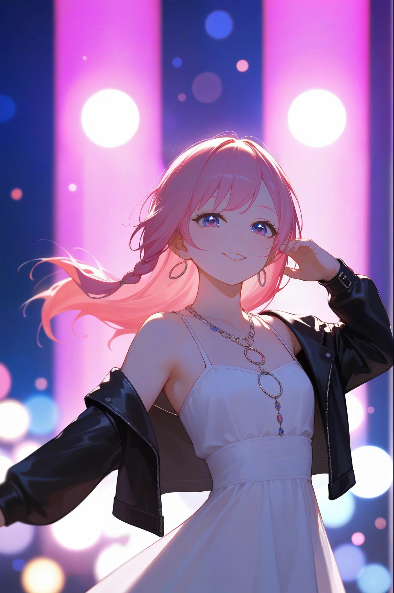 score_9, score_8_up, score_7_up, (masterpiece, UHD, 8K, 16K, ultra detailed), source_anime, sfw, front view, 1girl, idol, dancer, cool dancing pose, black leather sundress, short dress, off shoulder, long sleeves, leather stocking, long hair, (pink hair), one side braided, colorful stage background, stage light, (depth of field), bokeh, diffused light, dramatic ambient