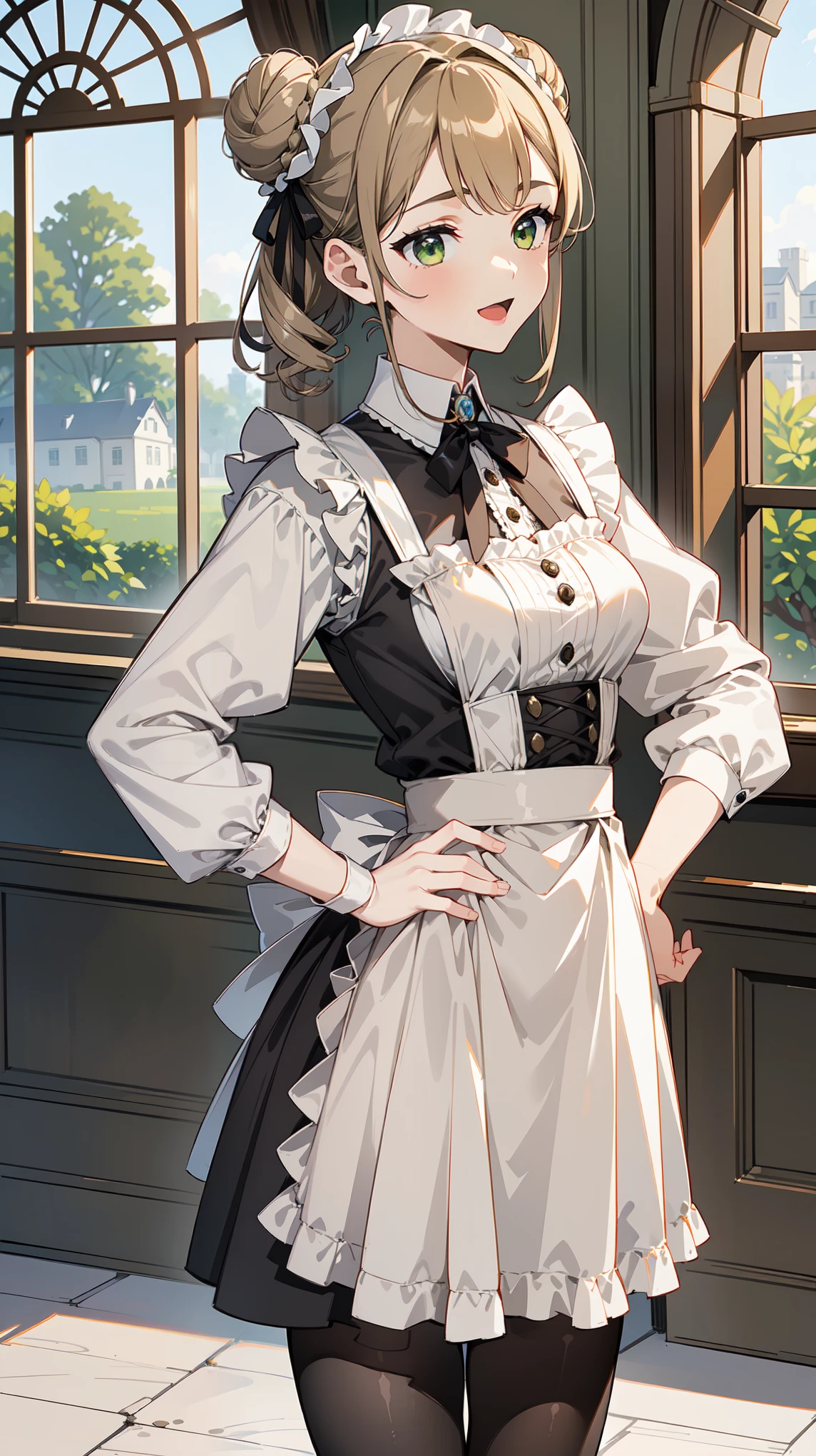 (masterpiece, best quality, ultra high quality, 1girl, solo), (성숙한 24세 여성), (open mouth), (Light Khaki Brown double bun hairstyle), (Olive Green eyes), (middle breasts), (neutral), kind smile, onee-chan, (wearing a victorian white dress), (maid), (victorian dress), (apron), (leggings), (black pantyhose), (upper body close up), standing, close-up, hands on hips, detailed hands, (The peaceful country mansion), (The sight of her outside the window)