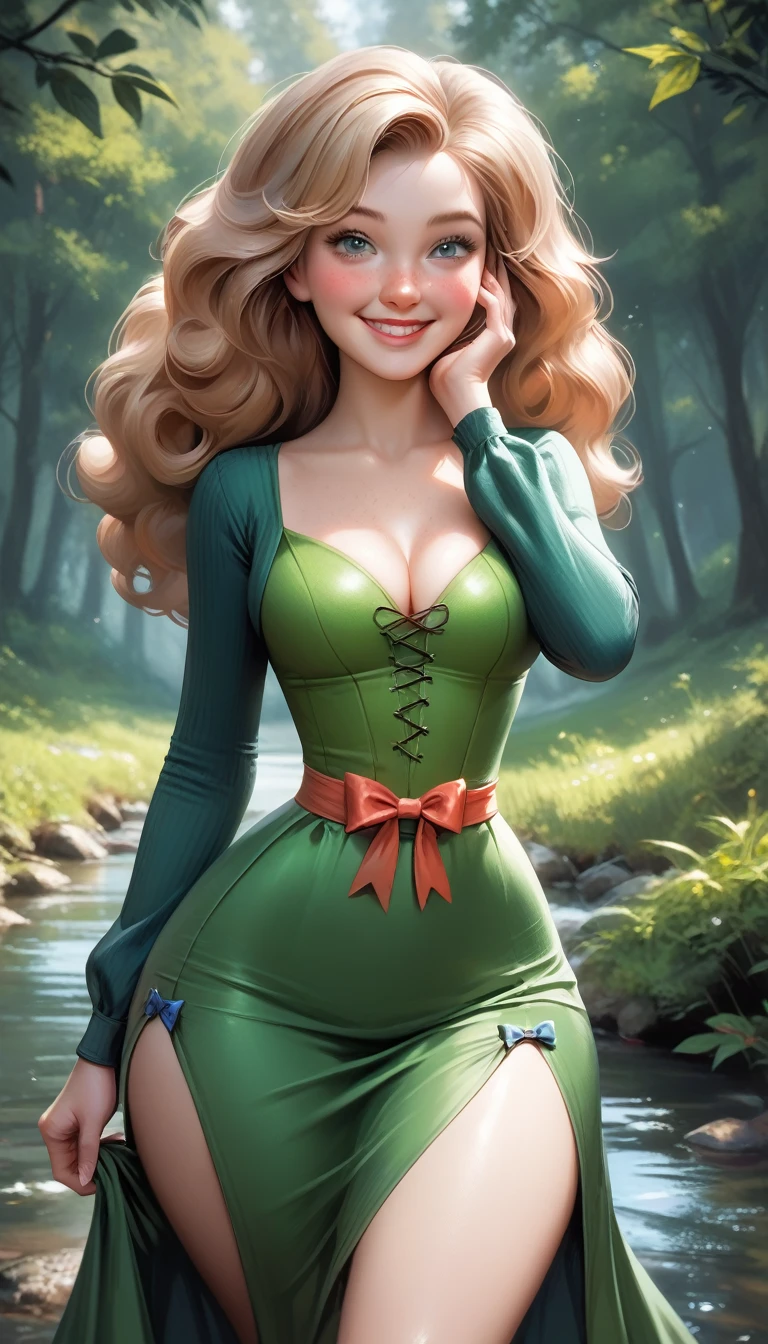 score_9, score_8_up, score_7_up, score_6_up, 1girl skirt lifts, hand in face, archer, smile, blush, freckles, green dress, long sleeves, long skirt ,cleavage, wavy hair, big hair, curvy, medium breasts, narrow waist, wide hips, thick thighs, looking at viewer, dynamic angle, cowboy shot, sexy, forest, on a river, disney, (bow:1.2), realistic, realism, pixar, MeridaXLP 