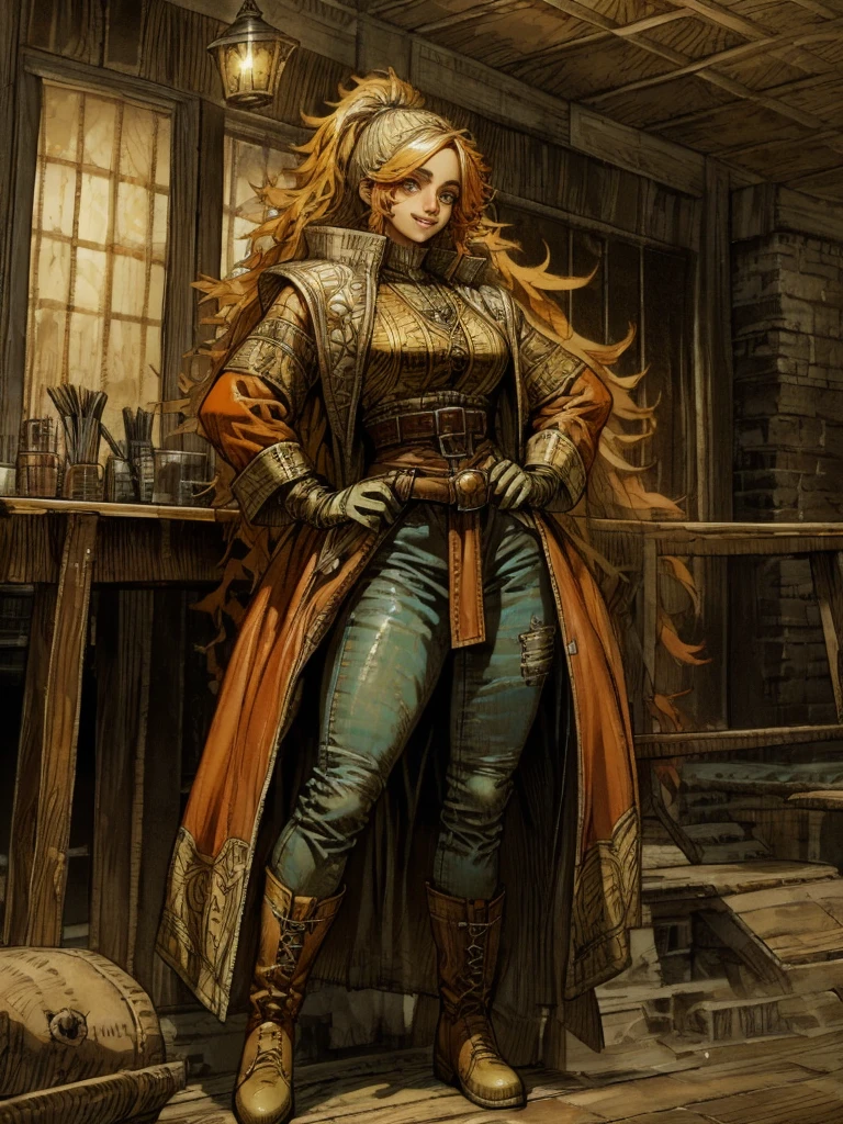 A beautiful woman with flowing orange long hair, exquisite facial features, a playful smile, confident eyes, a tall figure, a two-piece fantasy-style pirate robe coat, yellow as the main color, complemented by red accents, long wrist guard gloves on her hands, a gold belt around her waist with a short hem, leather pants, knee-high boots, standing with her hands on her hips in front of a fantasy medieval-style port tavern, this character embodies a finely crafted fantasy-style female pirate in anime style, exquisite and mature manga art style, high definition, best quality, highres, ultra-detailed, ultra-fine painting, extremely delicate, professional, anatomically correct, symmetrical face, extremely detailed eyes and face, high quality eyes, creativity, RAW photo, UHD, 8k, Natural light, cinematic lighting, masterpiece-anatomy-perfect, masterpiece:1.5