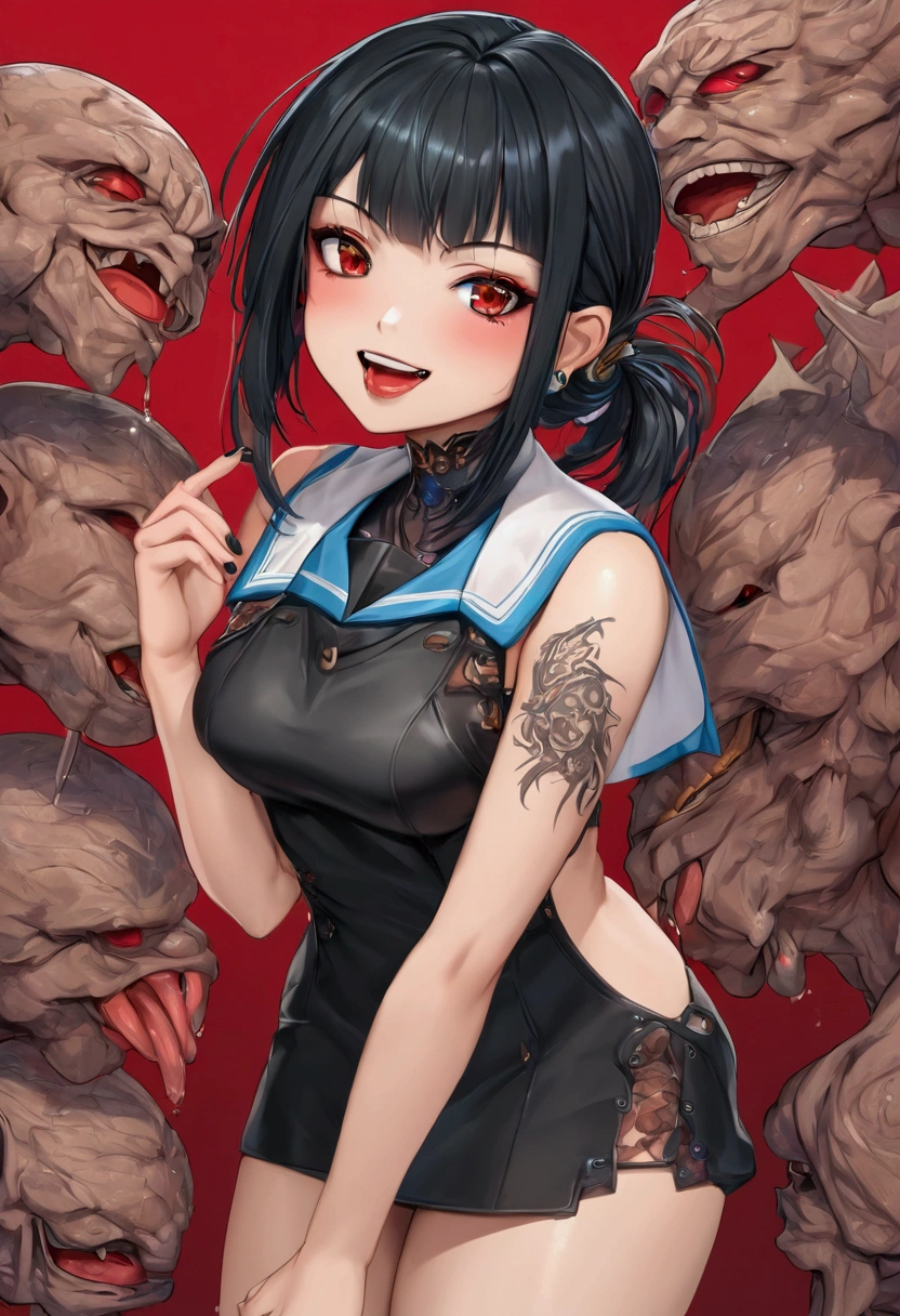 a beautiful 25 year old asian woman in a sailor outfit, smile, tattoos, cyberpunk style, sticking out tongue, mini skrit sailor , red background with tatto called"ndraguna" text, manga, anime, (best quality, 4k, 8k, highres, masterpiece:1.2), ultra-detailed, (realistic, photorealistic, photo-realistic:1.37), , dynamic pose, full body sweating