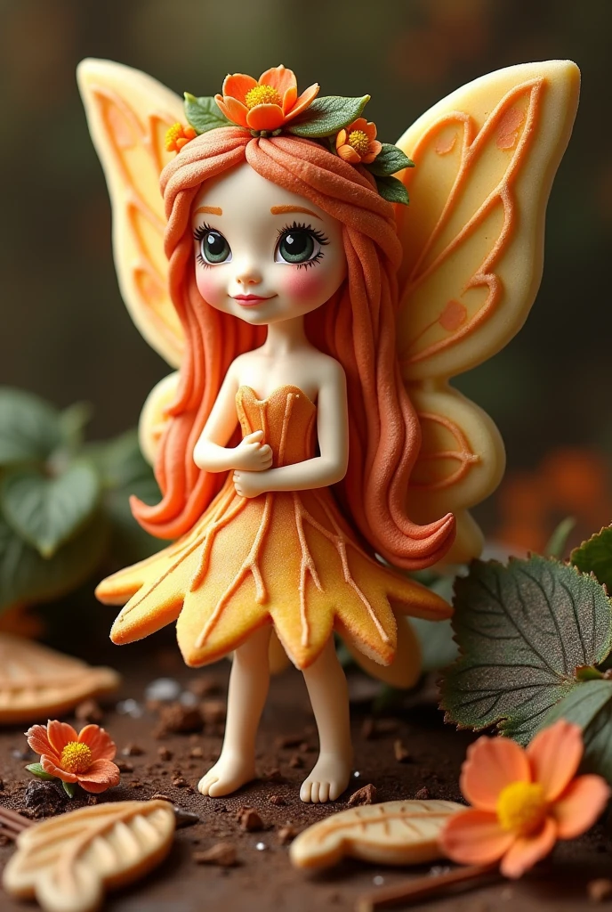 Create an enchanting icing cookie depicting a cute forest fairy girl. The cookie should be shaped like a whimsical fairy with delicate wings. Her hair is the color of autumn leaves, with tiny edible flowers crowning her head. Her dress is crafted from sugar leaves, each etched with golden veins that catch the light. Her eyes, made of the finest chocolate, twinkle with the secrets of the forest. Surrounding her are hand-painted edible dew drops that glisten in the morning light. The background is a rich, earthy brown, hinting at moist forest floors and the promise of adventure. The entire cookie exudes an aroma of fresh vanilla and a hint of cinnamon, inviting one to take a delightful bite of this edible piece of art. Embark on a sensory journey as if walking through a magical forest clearing at dawn, with the gentle rustle of trees and whispers of ancient tales in the air.